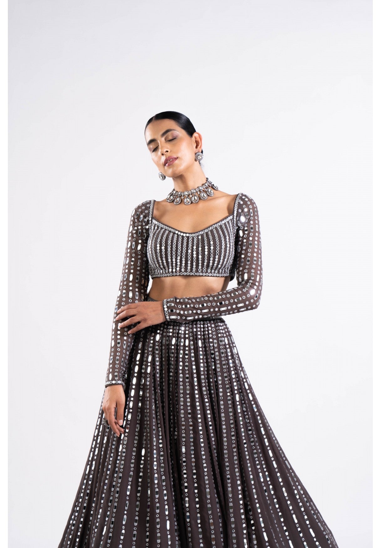 Charcoal Grey Linear Drop Lehenga Set