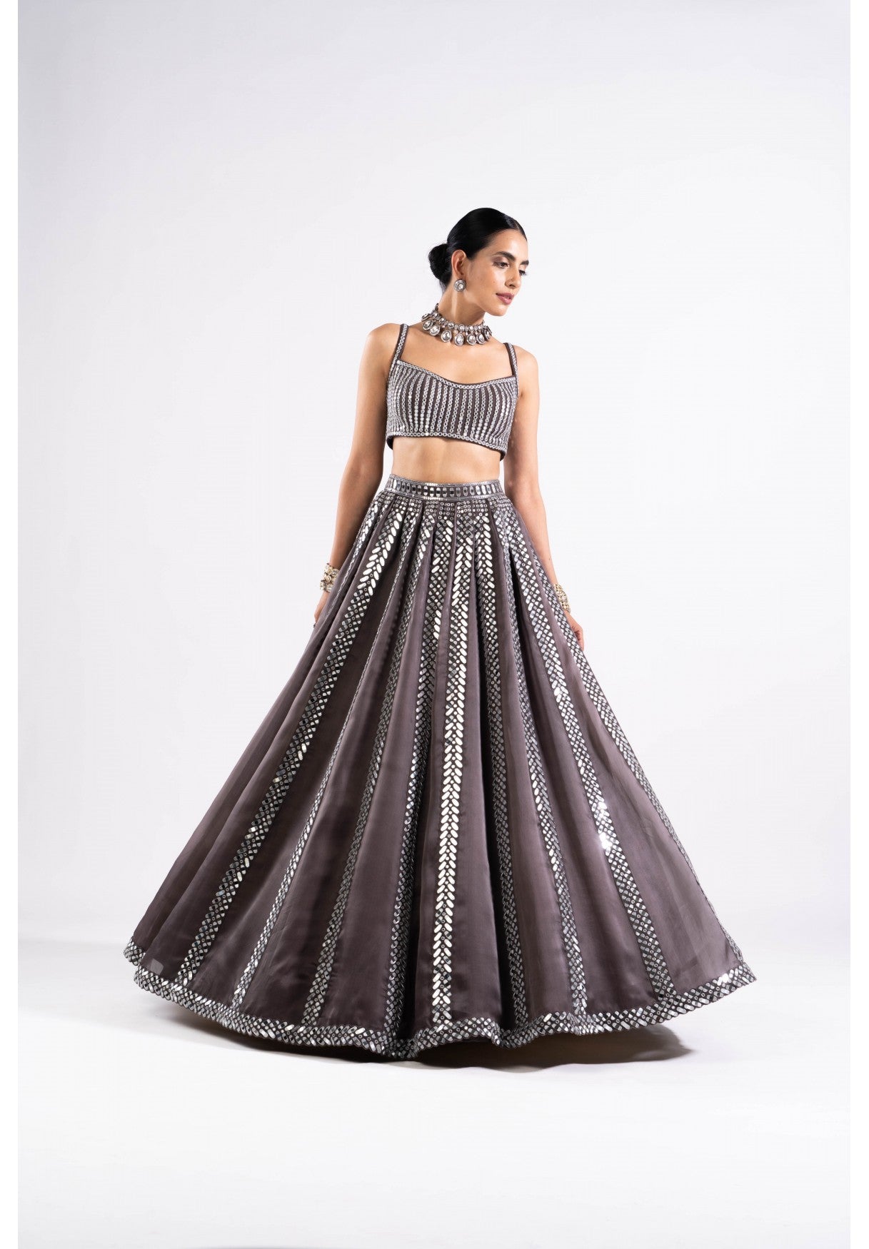 Charcoal Grey Mirror Seam Lehenga With Mirror Blouse