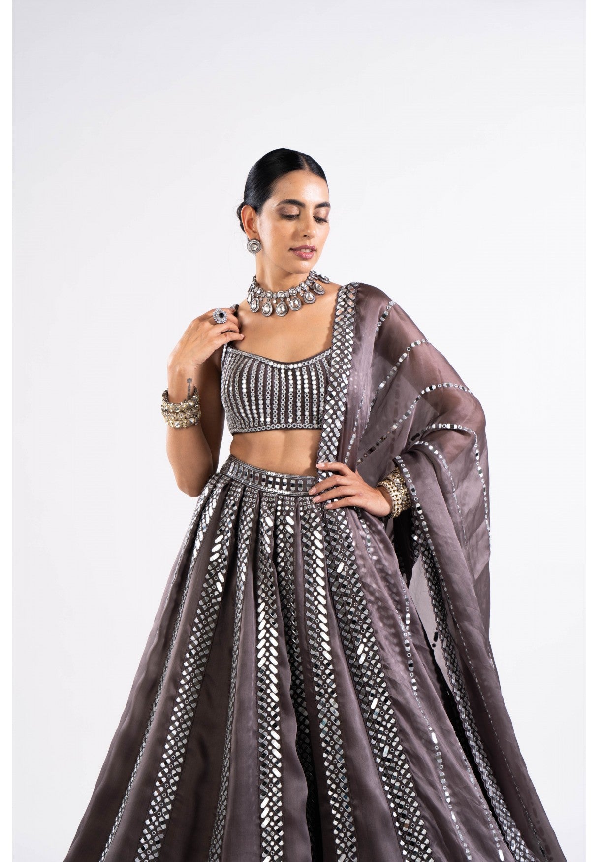 Charcoal Grey Mirror Seam Lehenga With Mirror Blouse