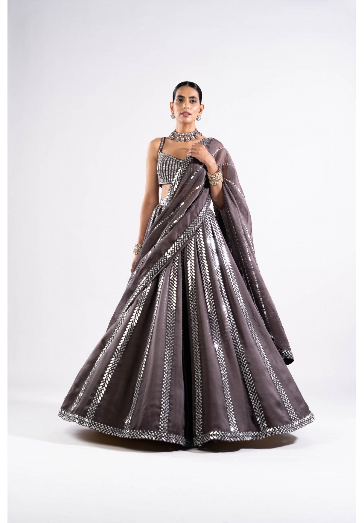 Charcoal Grey Mirror Seam Lehenga With Mirror Blouse