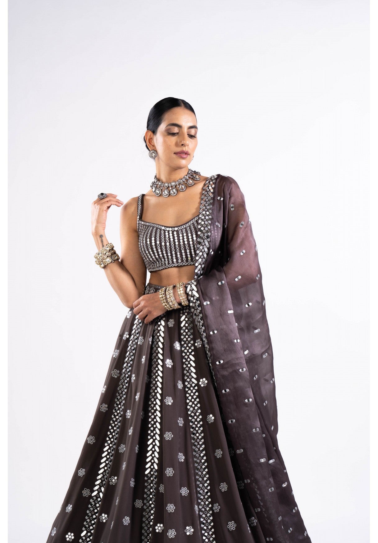 Charcoal Grey Flower Lehenga Set