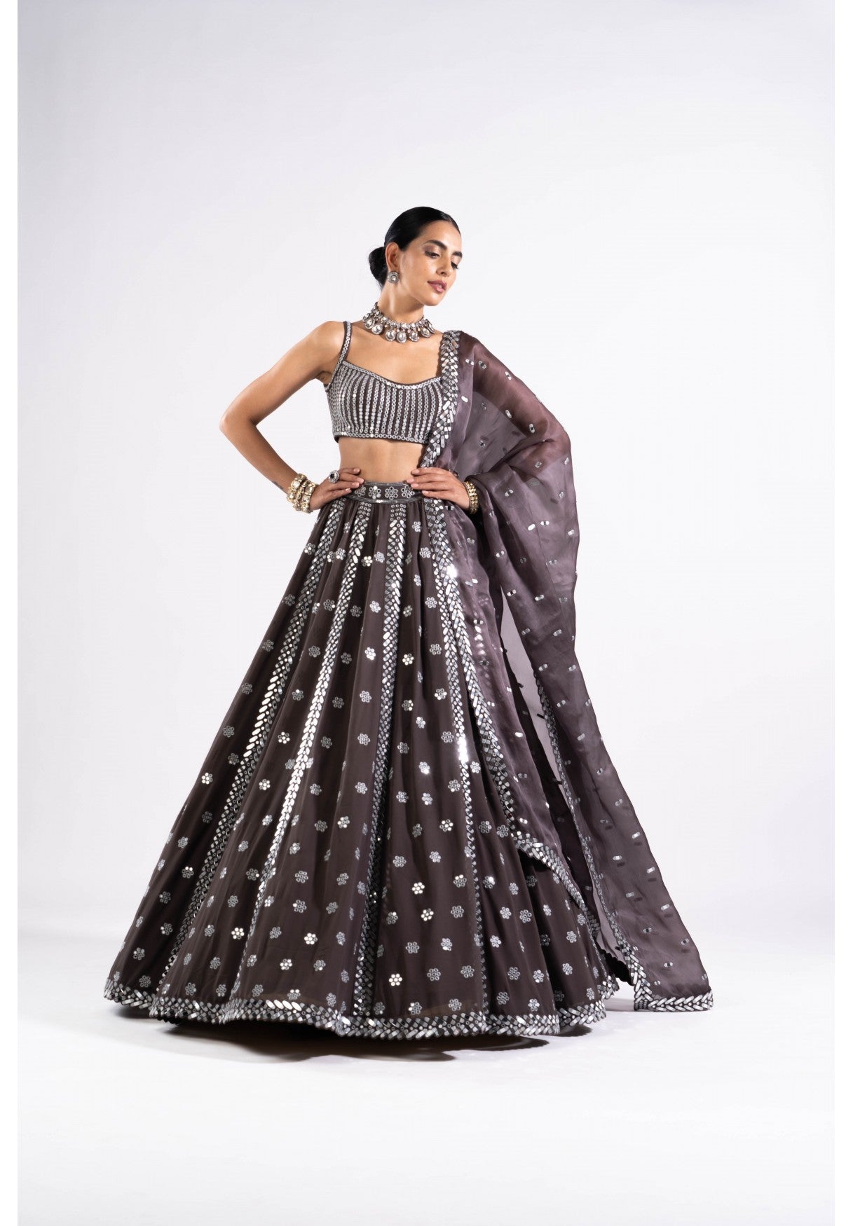 Charcoal Grey Flower Lehenga Set