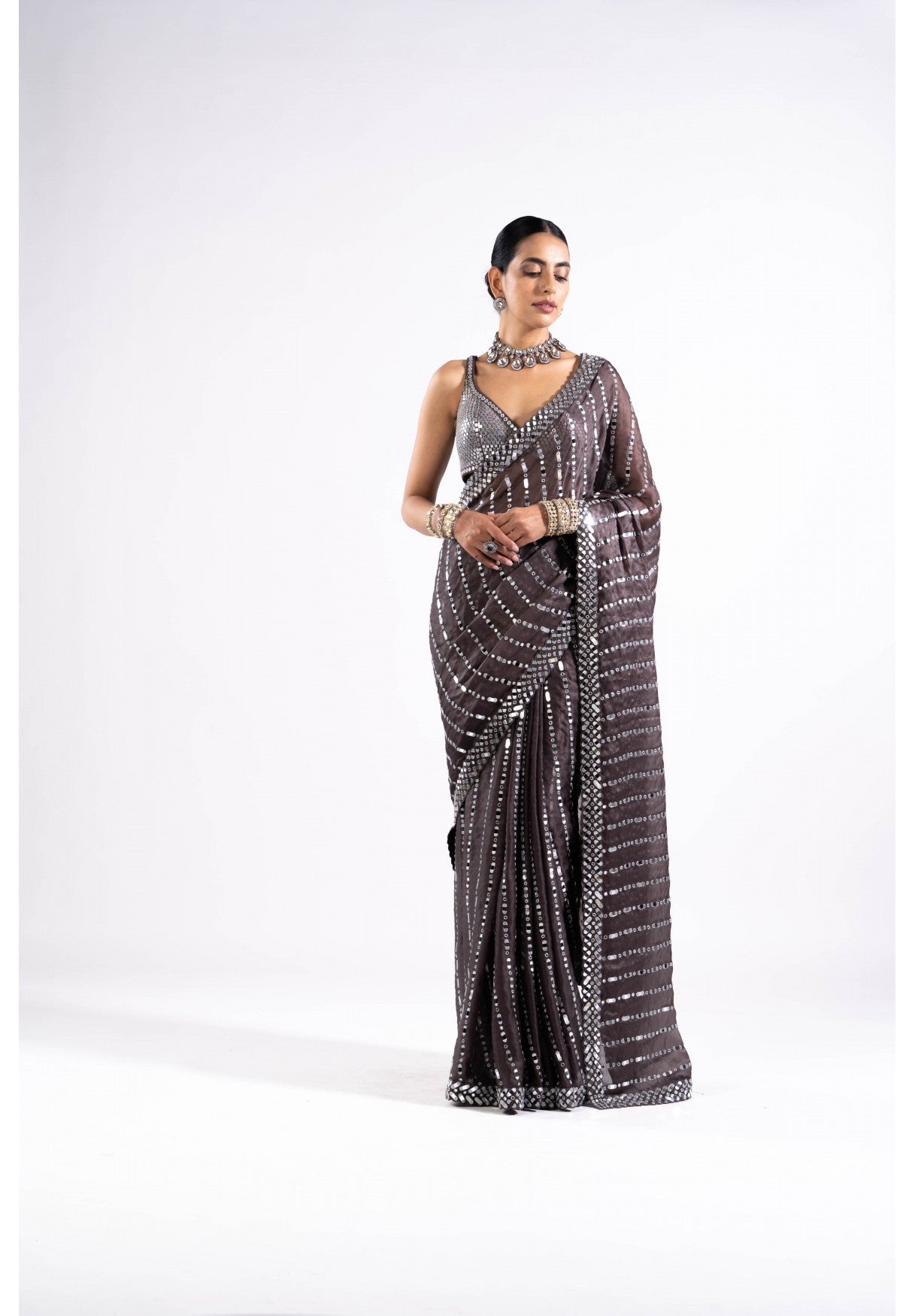 Charcoal Grey Heavy Mirror Work Saree With Metallic Blouse