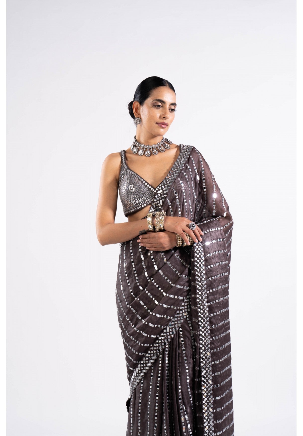 Charcoal Grey Heavy Mirror Work Saree With Metallic Blouse