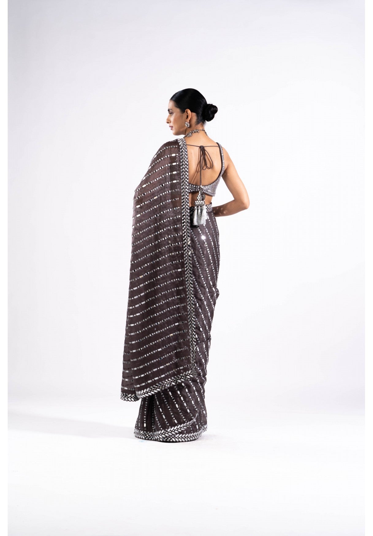 Charcoal Grey Heavy Mirror Work Saree With Metallic Blouse