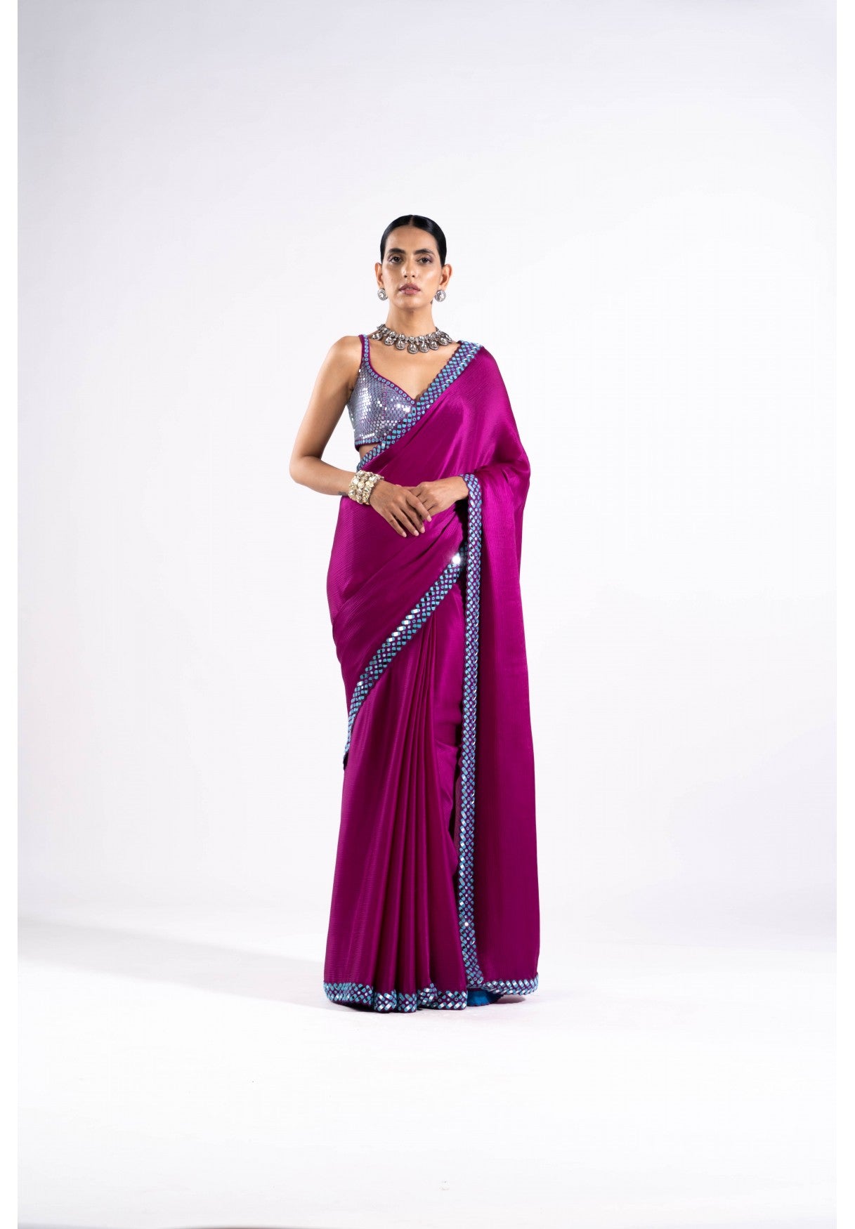 Pop Wine Satin Chiffon Saree Set