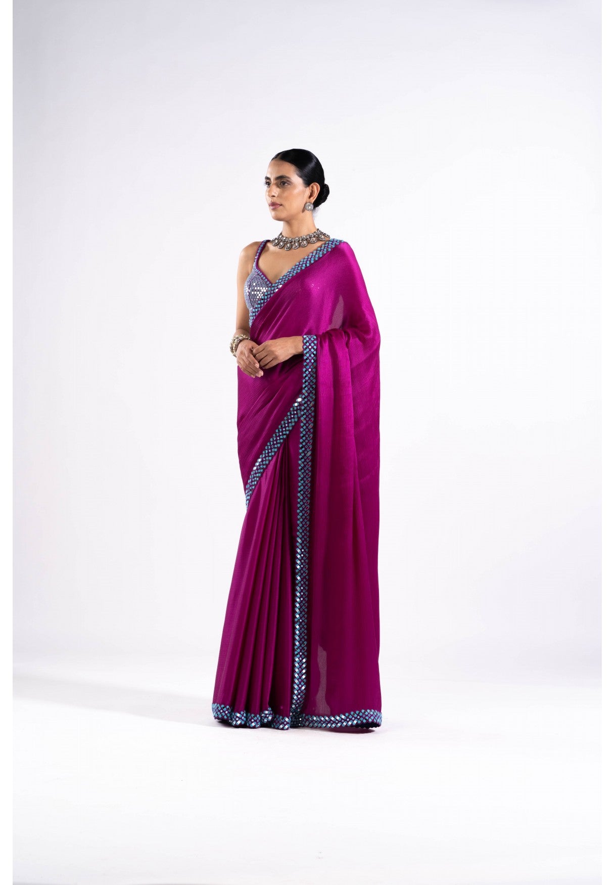 Pop Wine Satin Chiffon Saree Set