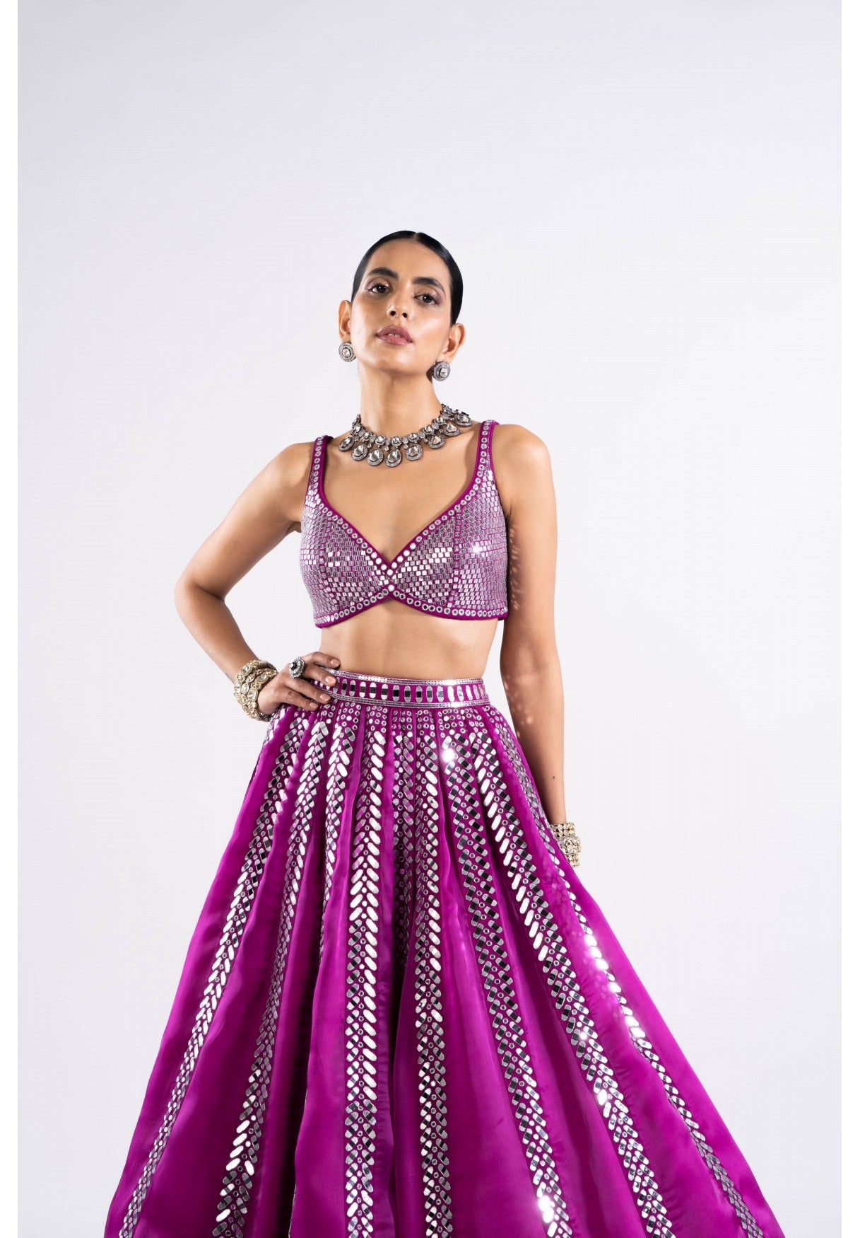 Pop Wine Mirror Seam Lehenga Set