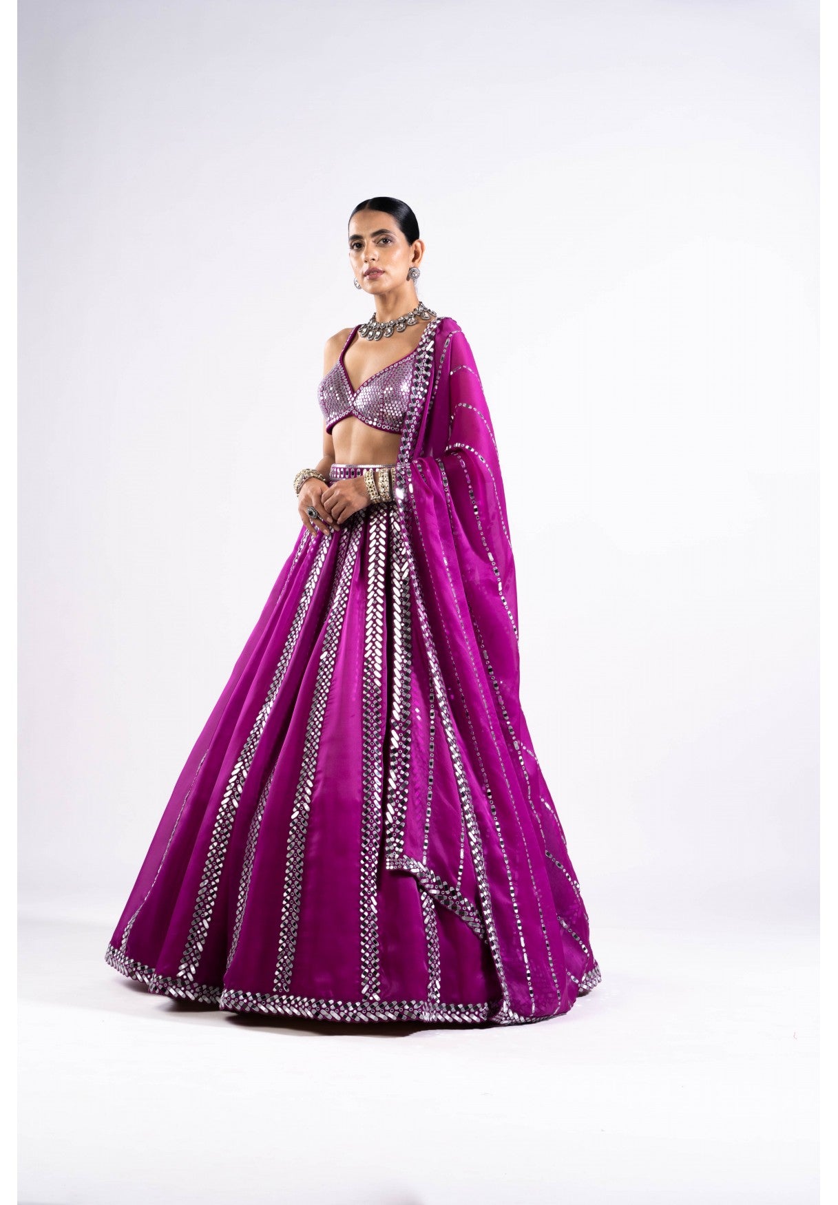 Pop Wine Mirror Seam Lehenga Set