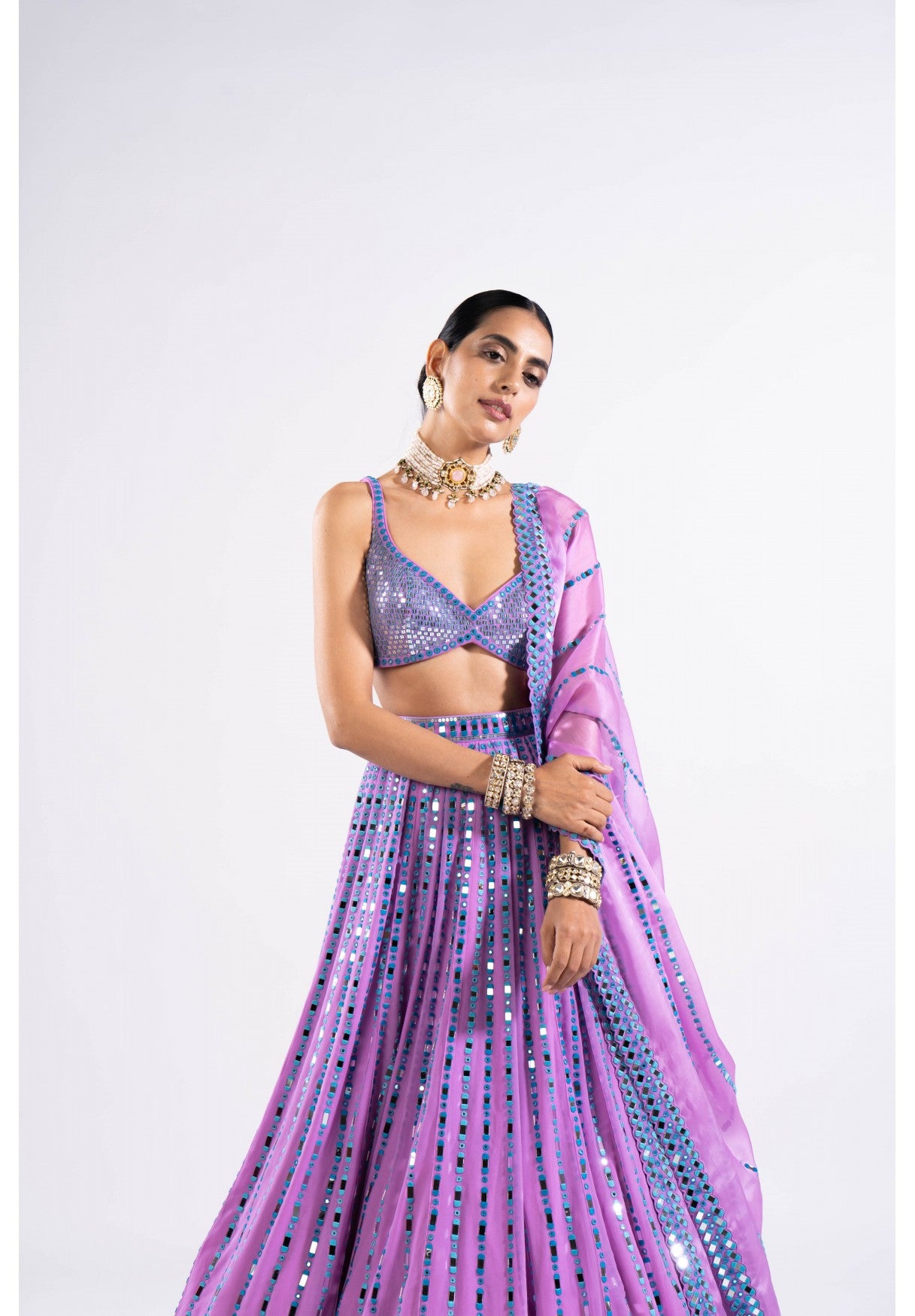 Mauve Linear Drop Lehenga With Metallic Blouse