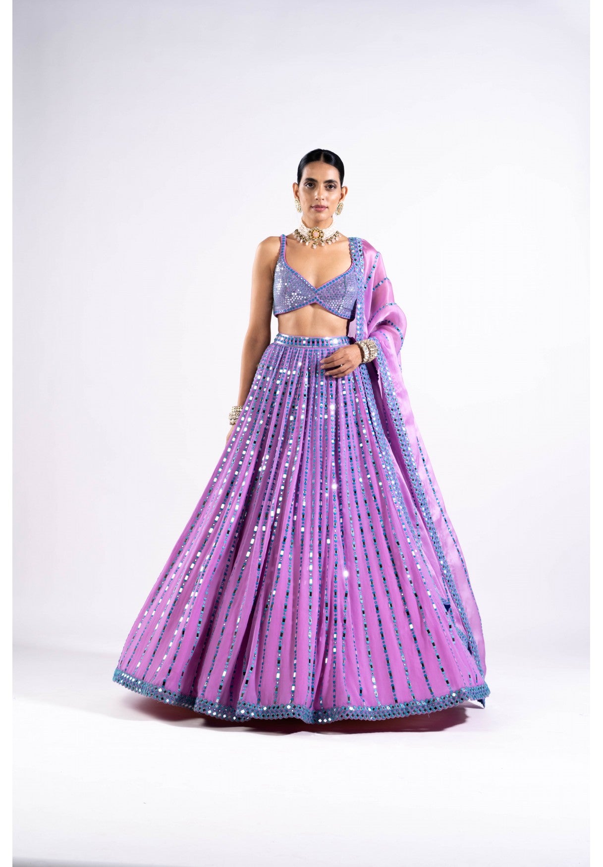 Mauve Linear Drop Lehenga With Metallic Blouse