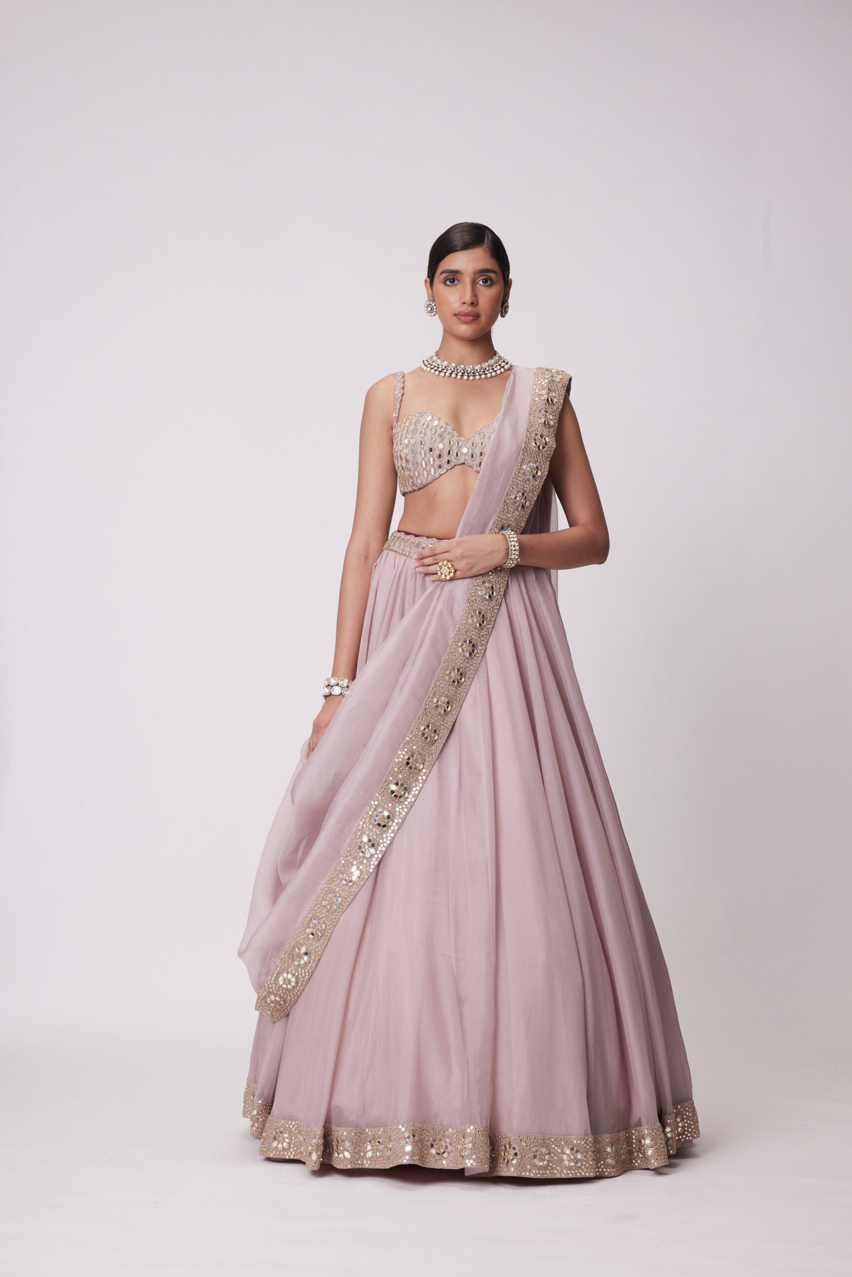 Ash Pink mirror Hand Embroidered Lehenga Set