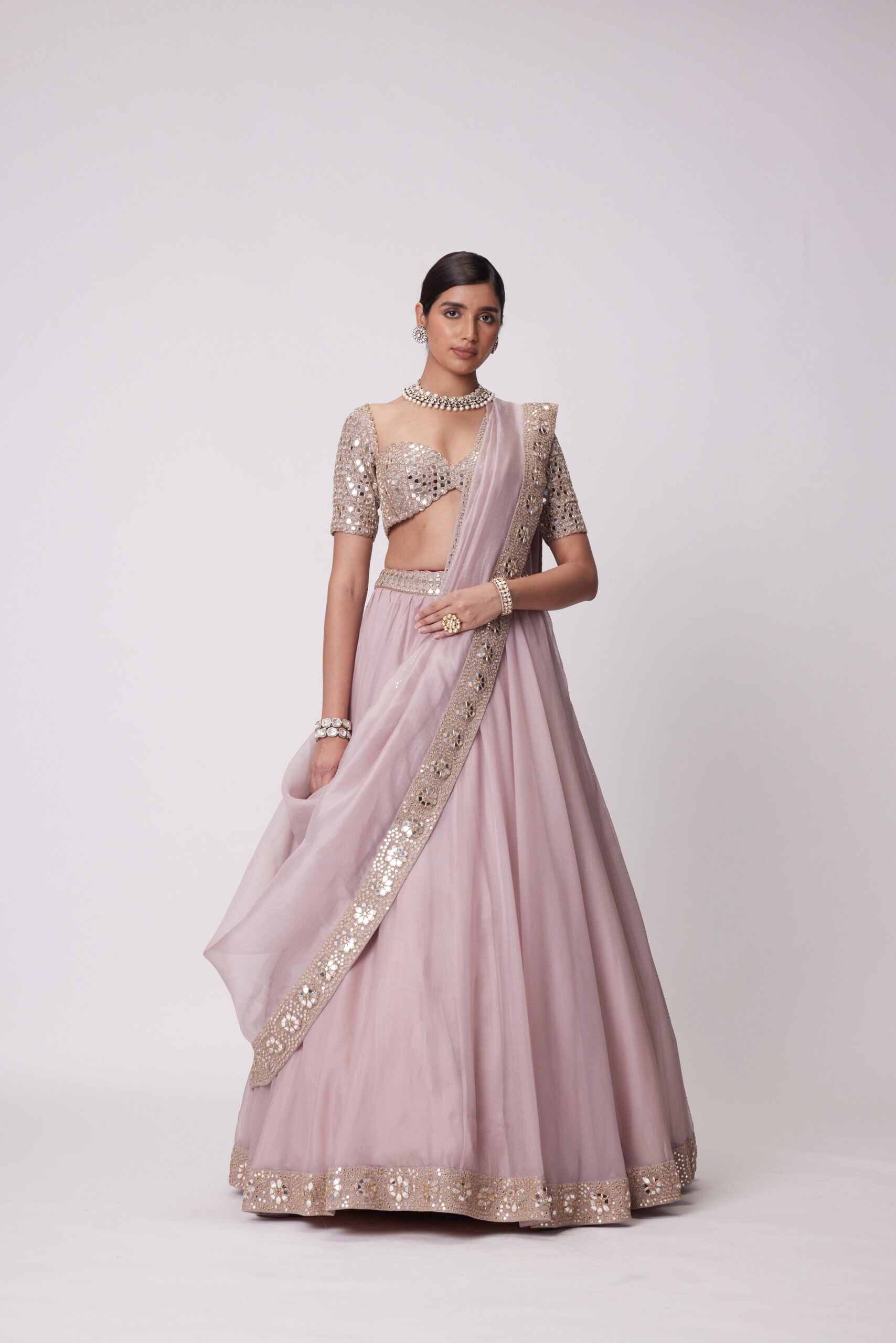 Ash Pink flower Border Organza Lehenga Set