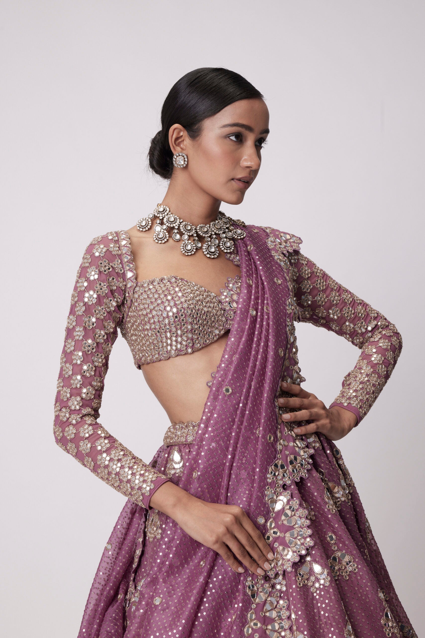 Mud Mauve Sequin And Flower Embroidered Lehenga Set