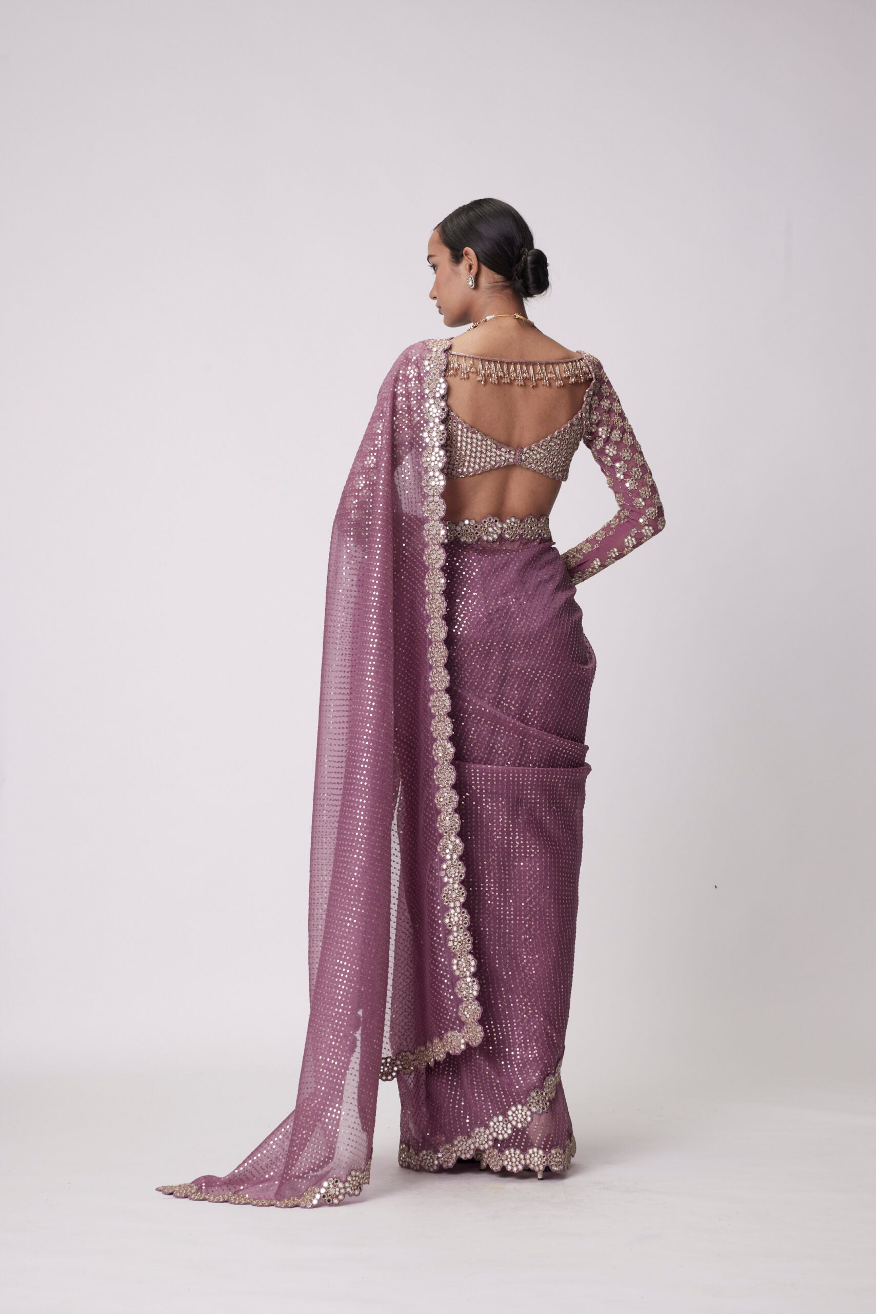 Mud Mauve Hand Embroidered Organza Saree Set