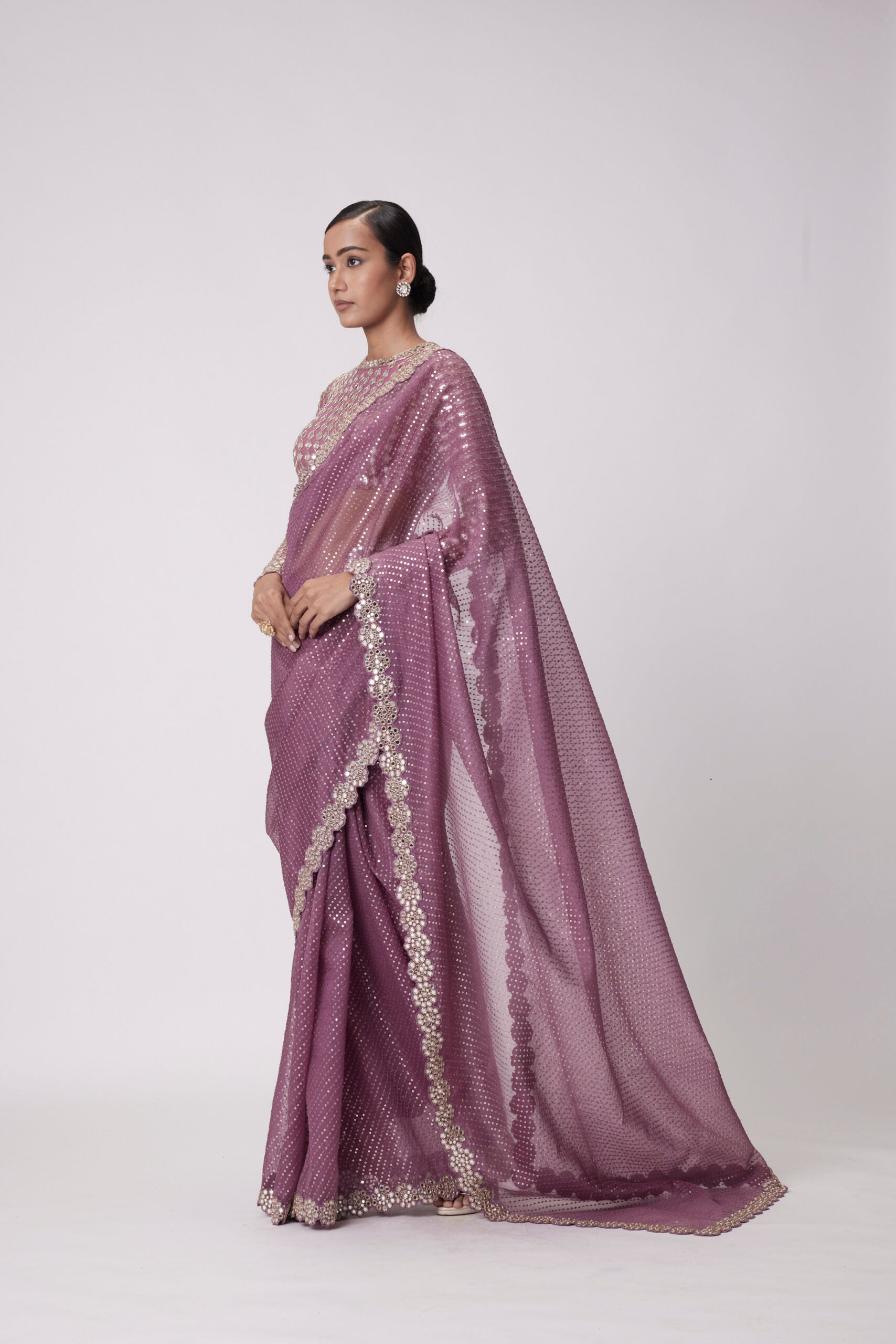 Mud Mauve Hand Embroidered Saree Set