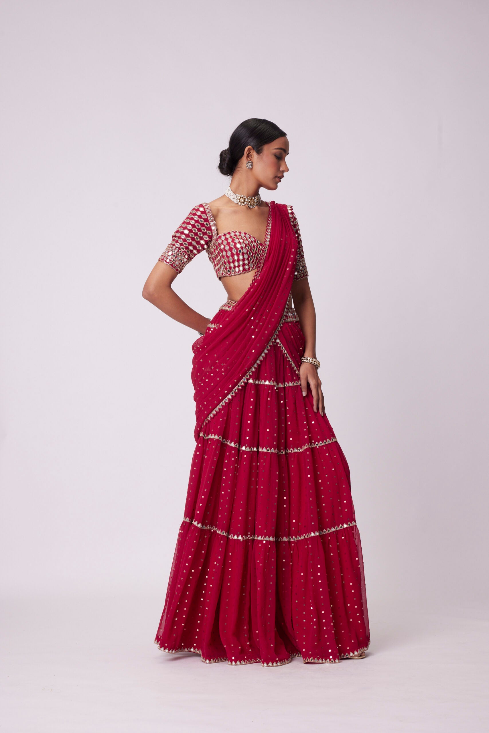 Crimson Red Multi-tier Saree Set