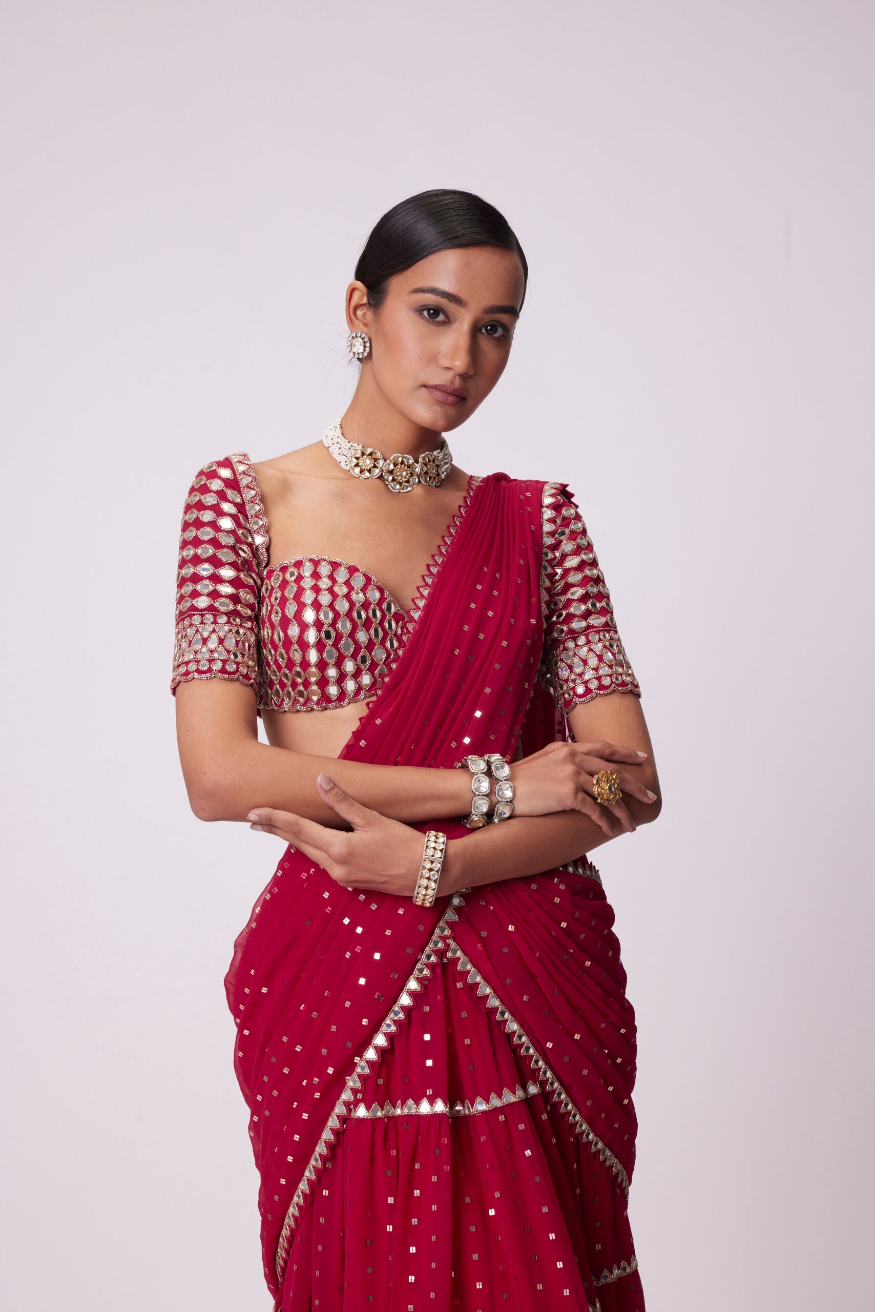 Crimson Red Multi-tier Saree Set