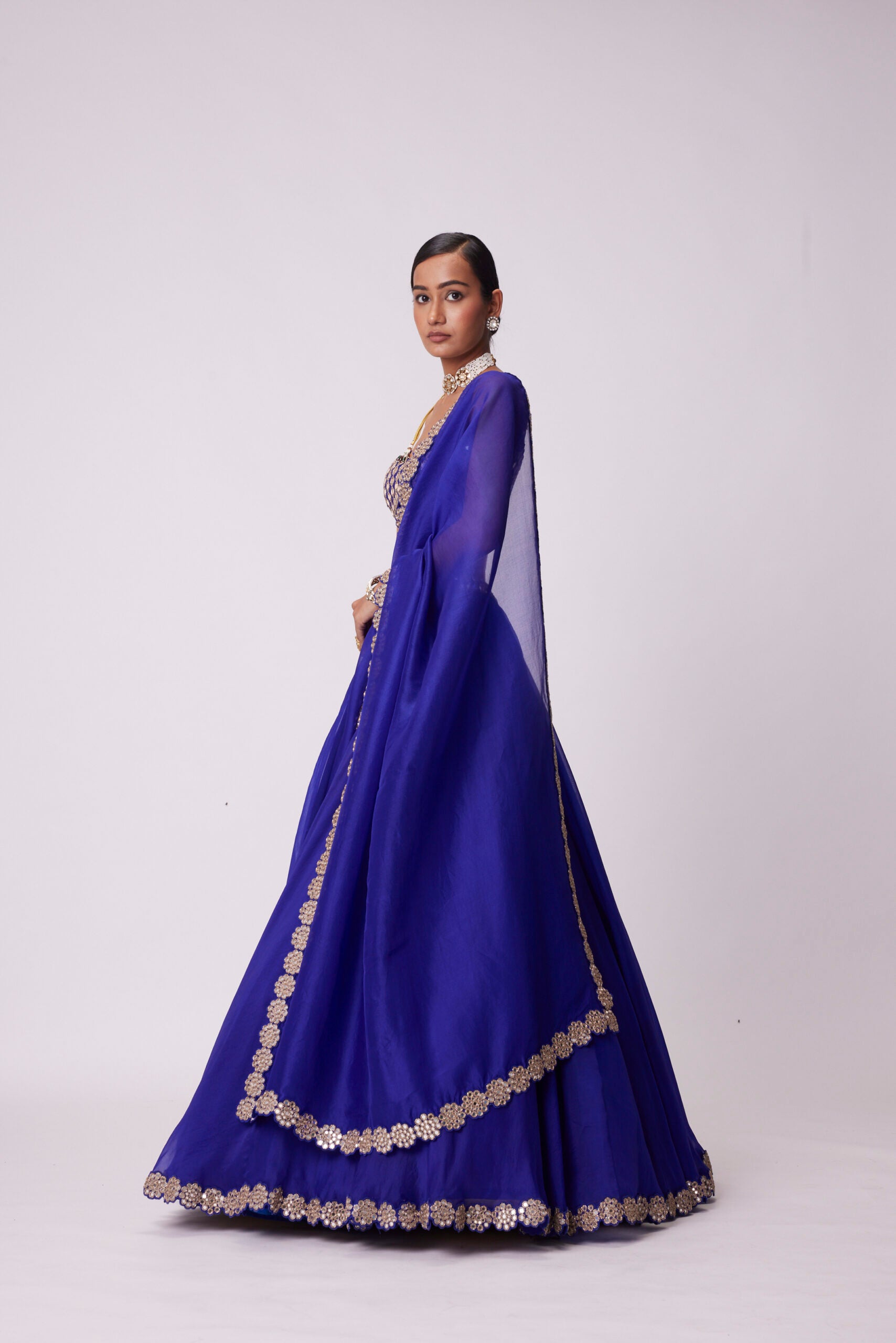 Persian Blue Linear Mirror Embroidered Lehenga Set