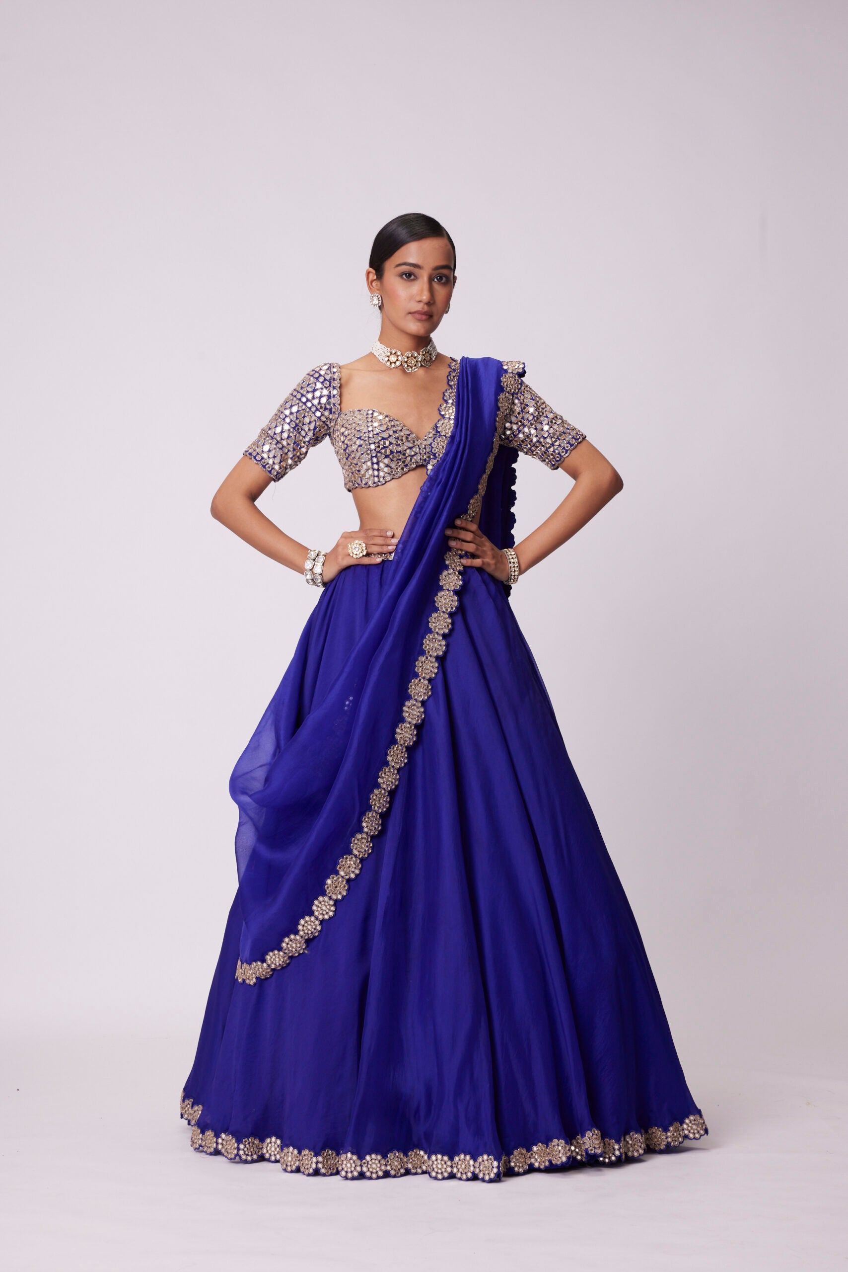 Persian Blue Organza Hand Embroidered Lehenga Set
