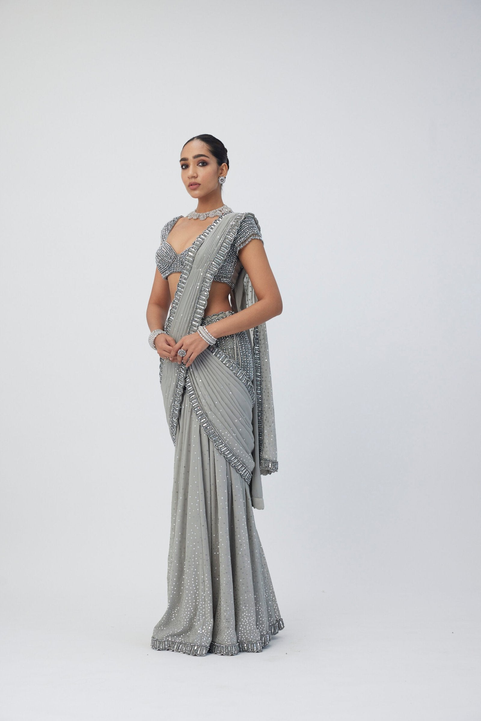 Crystal Grey Pre Draped Saree Set