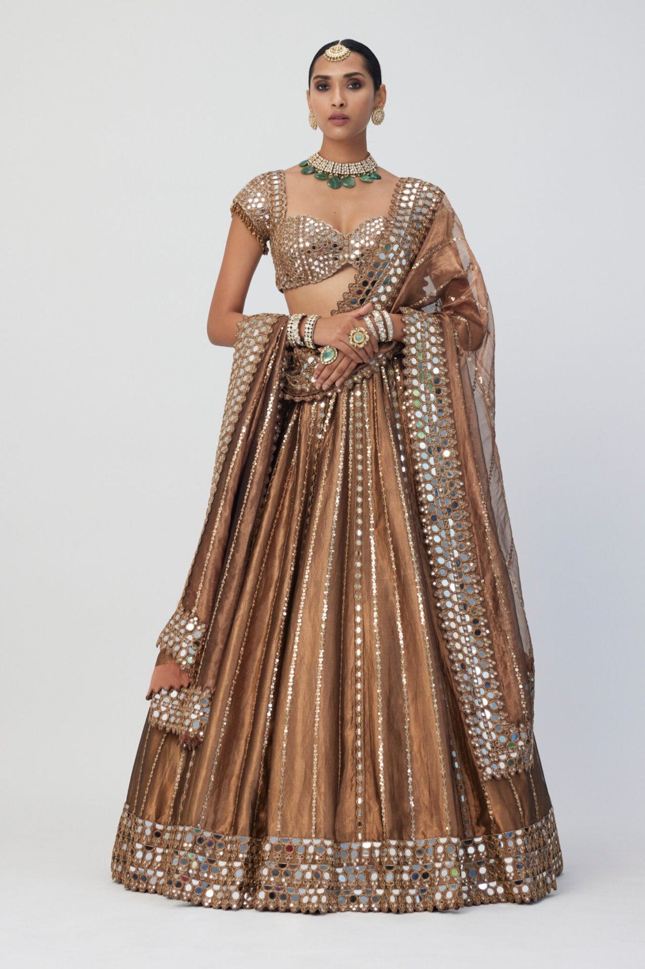 Copper Shimmer Organza Linear Lehenga Set