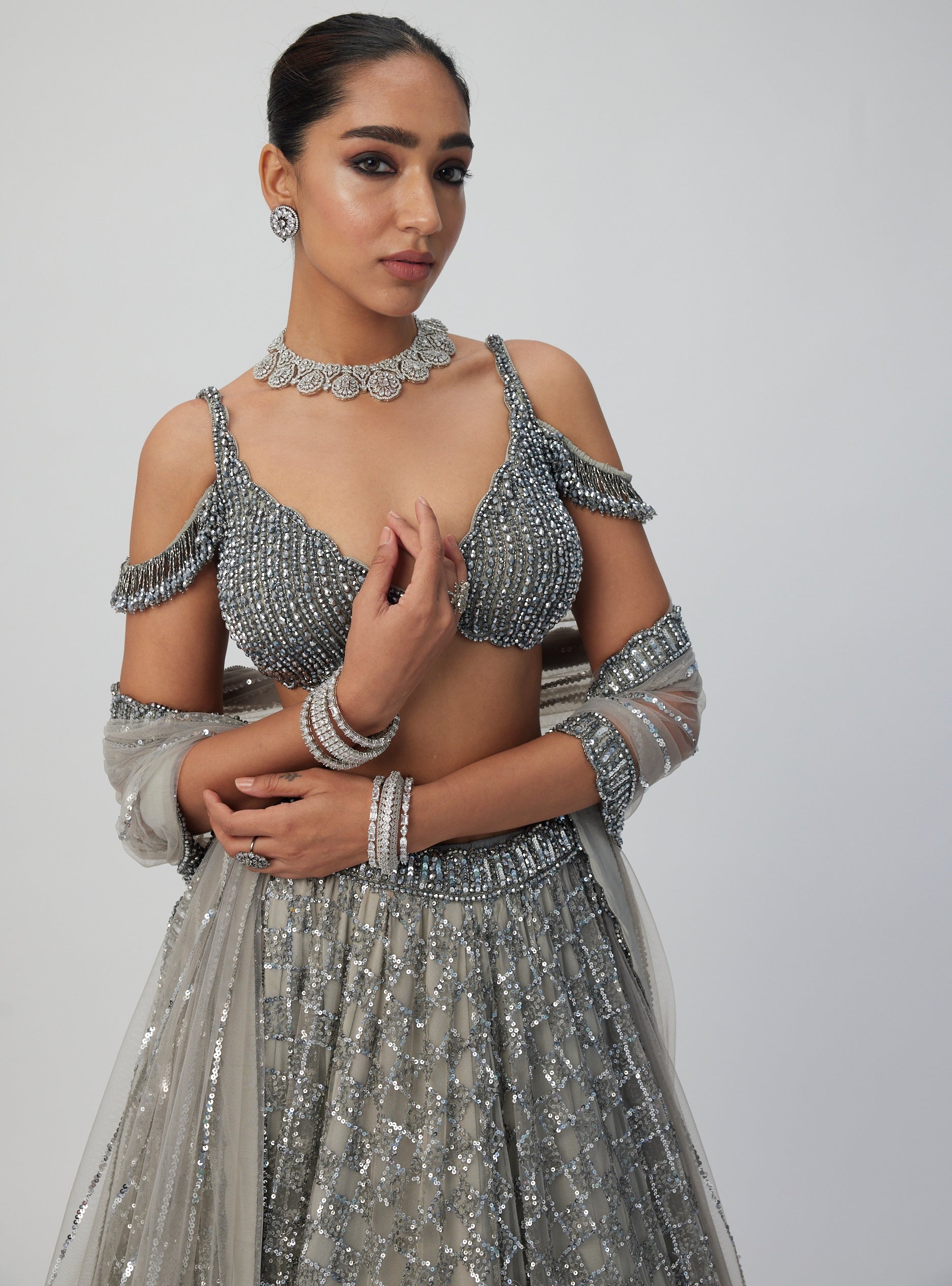 Crystal Grey Sequins Embroidered Lehenga Set