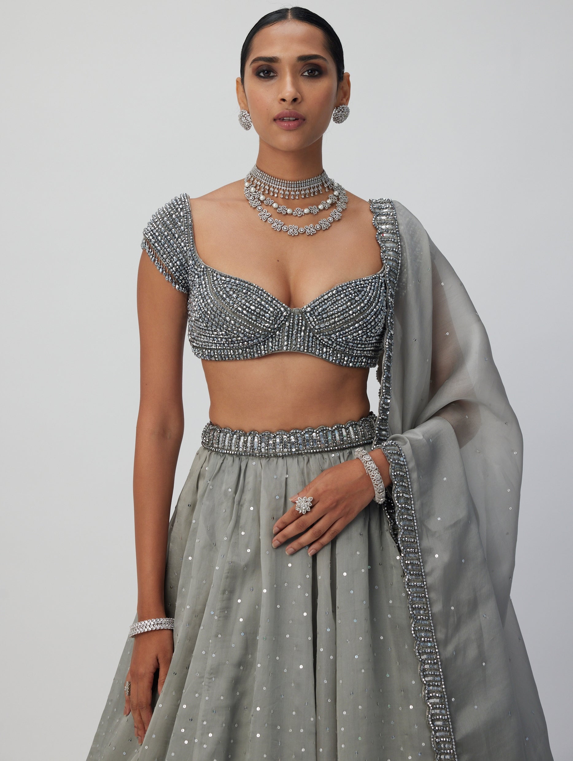 Crystal Grey Sequins Scattered Organza Lehenga Set