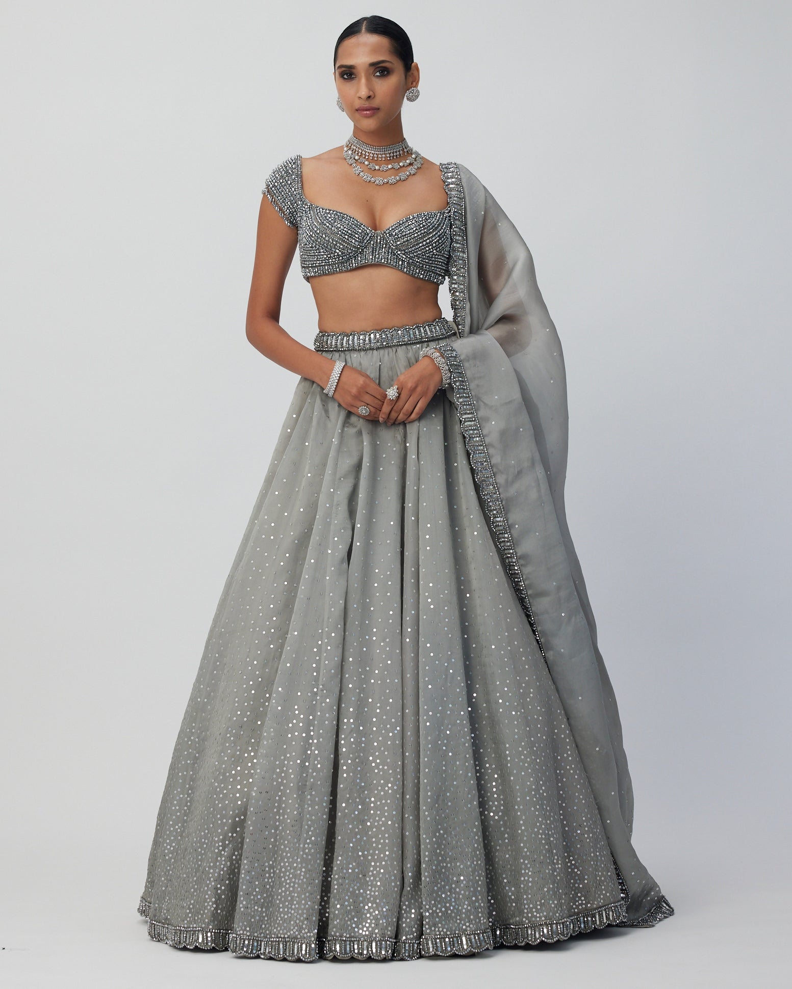 Crystal Grey Sequins Scattered Organza Lehenga Set