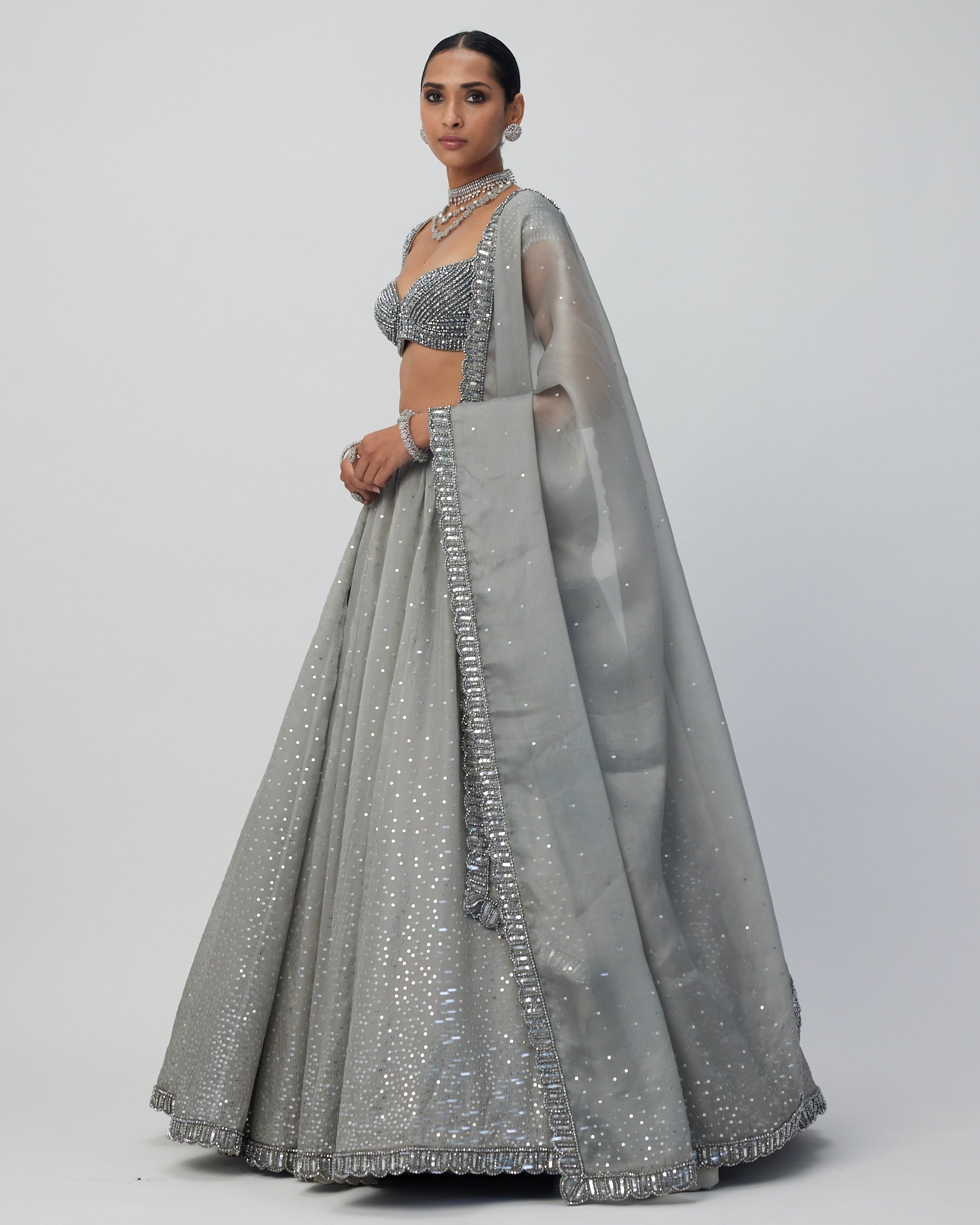 Crystal Grey Sequins Scattered Organza Lehenga Set