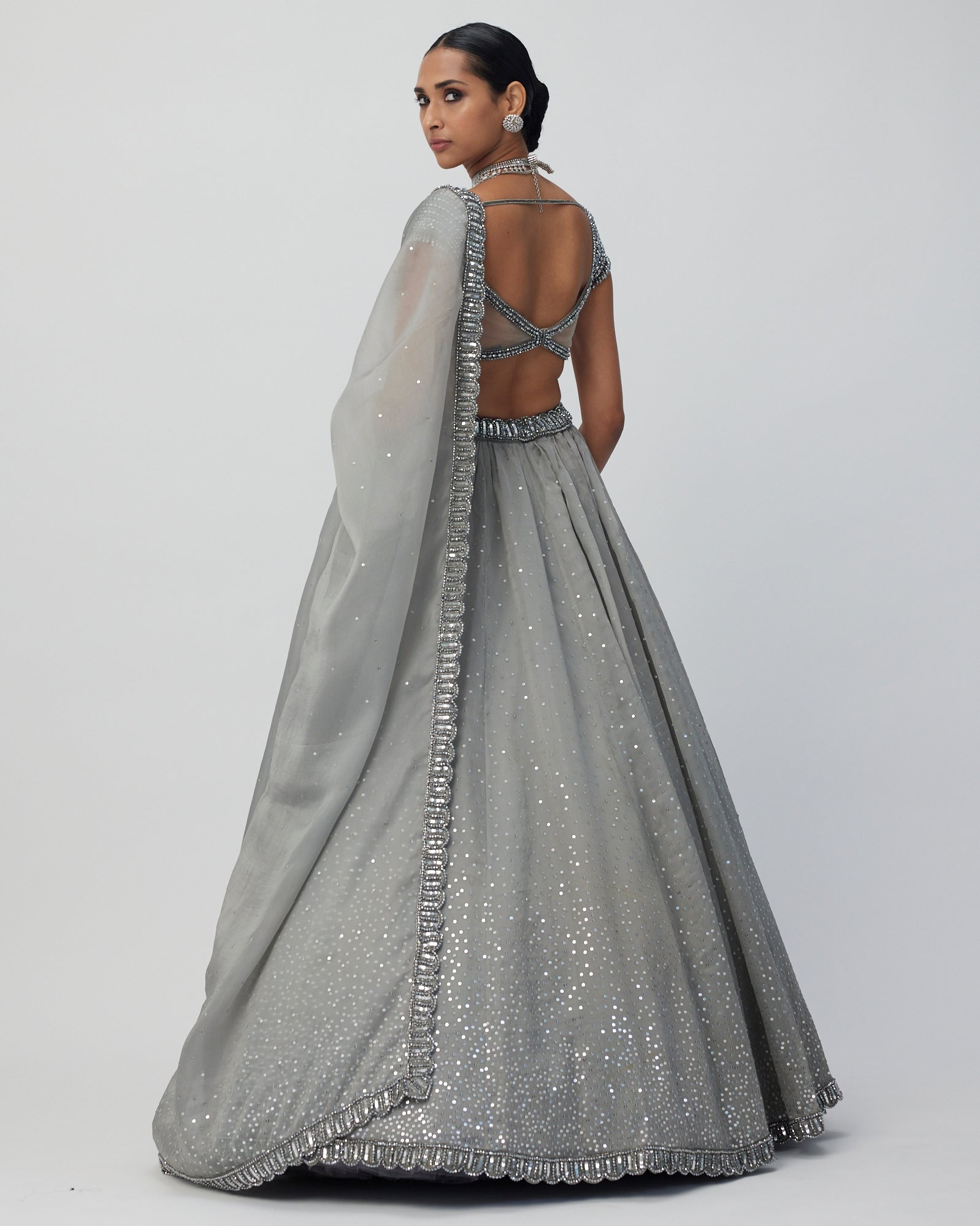 Crystal Grey Sequins Scattered Organza Lehenga Set