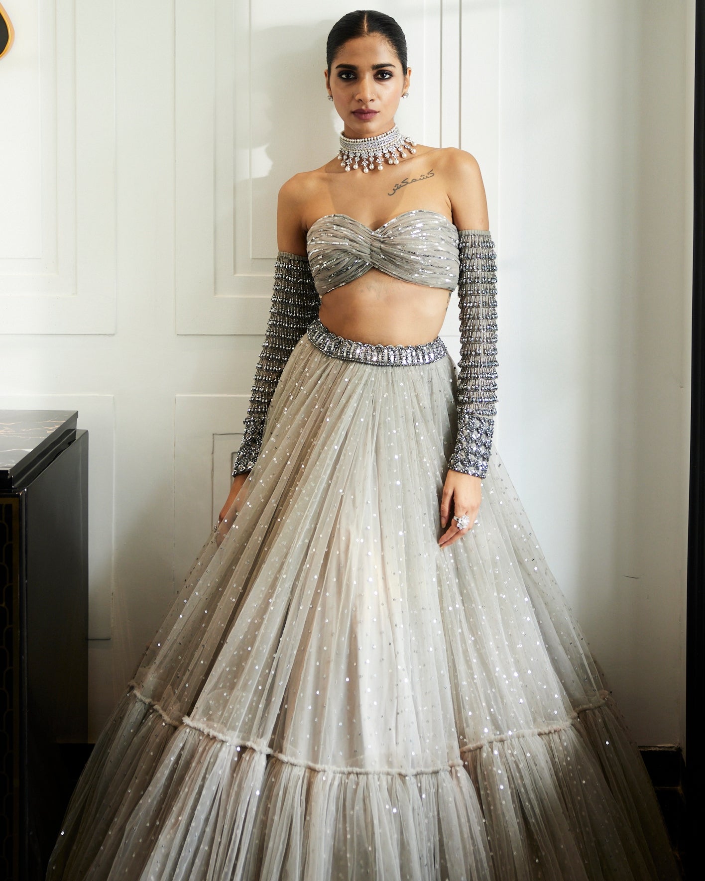 Crystal Grey Tulle Lehenga Set