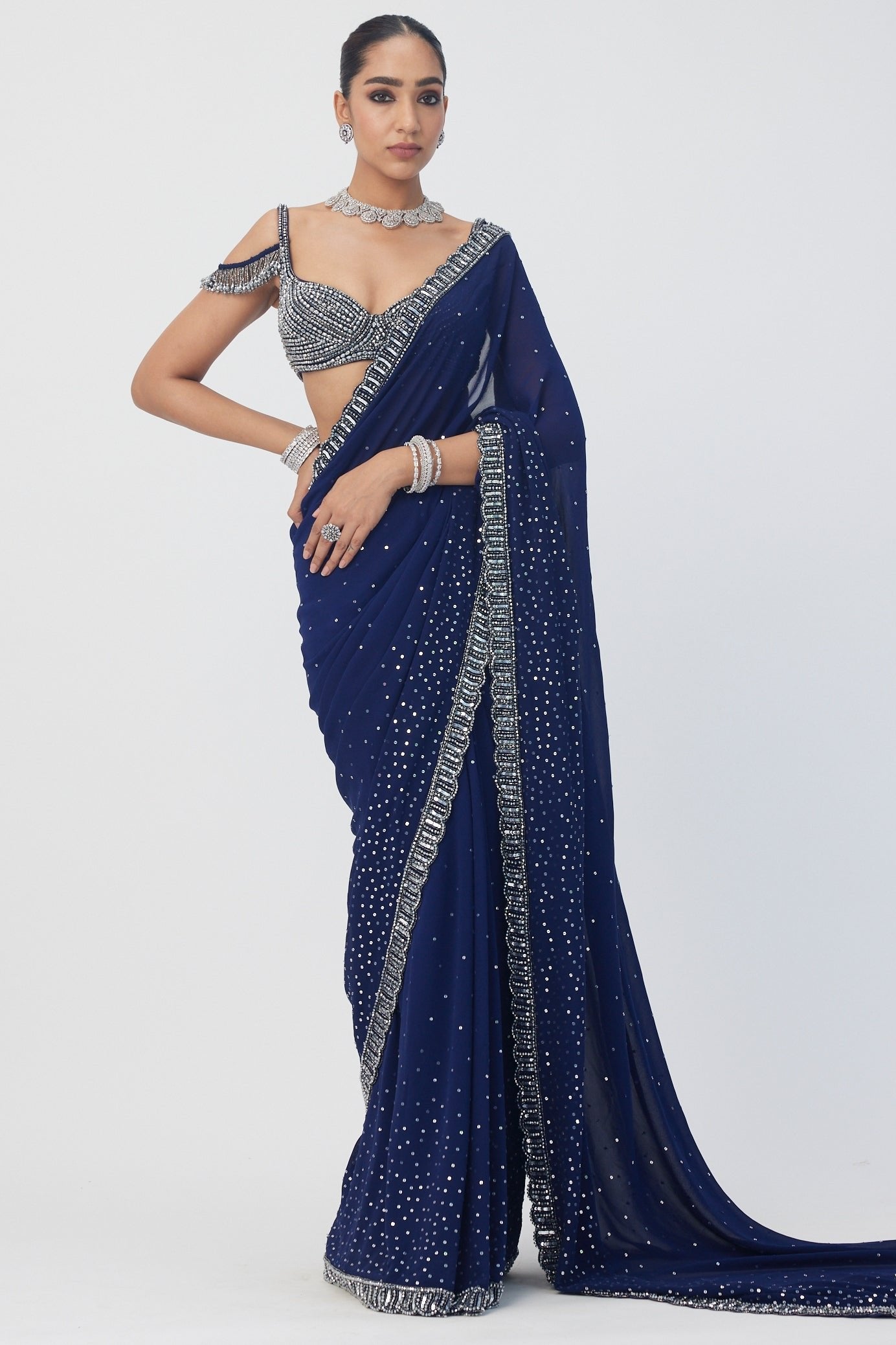 Deep Blue Sequins Scattered Sari Set