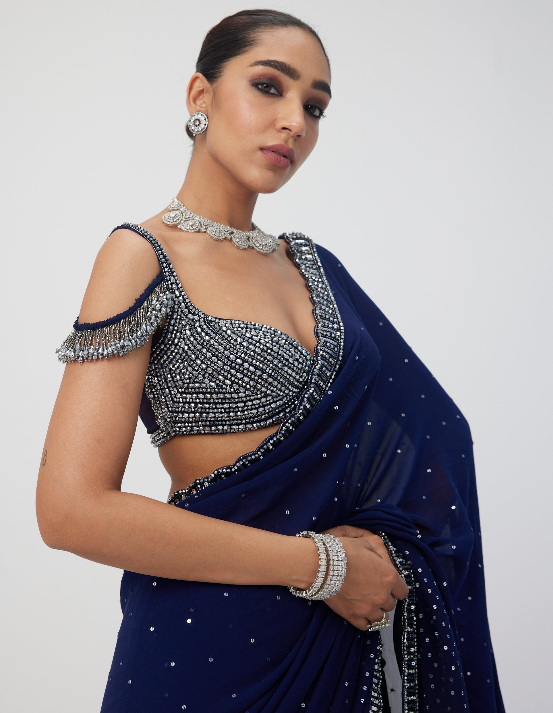 Deep Blue Sequins Scattered Sari Set