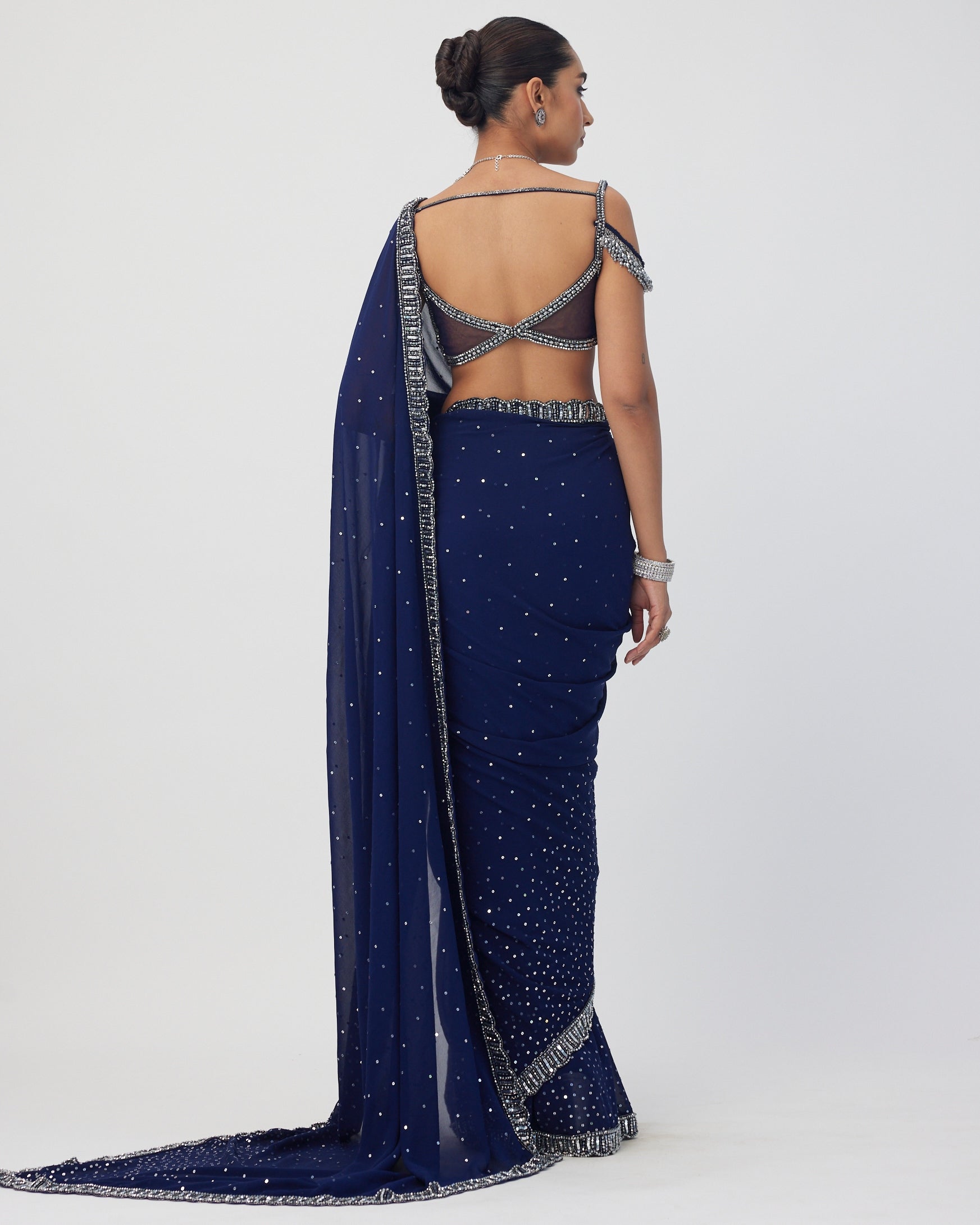 Deep Blue Sequins Scattered Sari Set