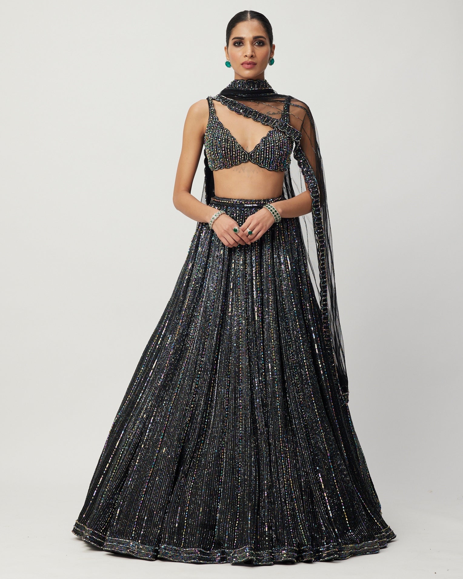 Black Crystal Linear Embroidered Lehenga Set