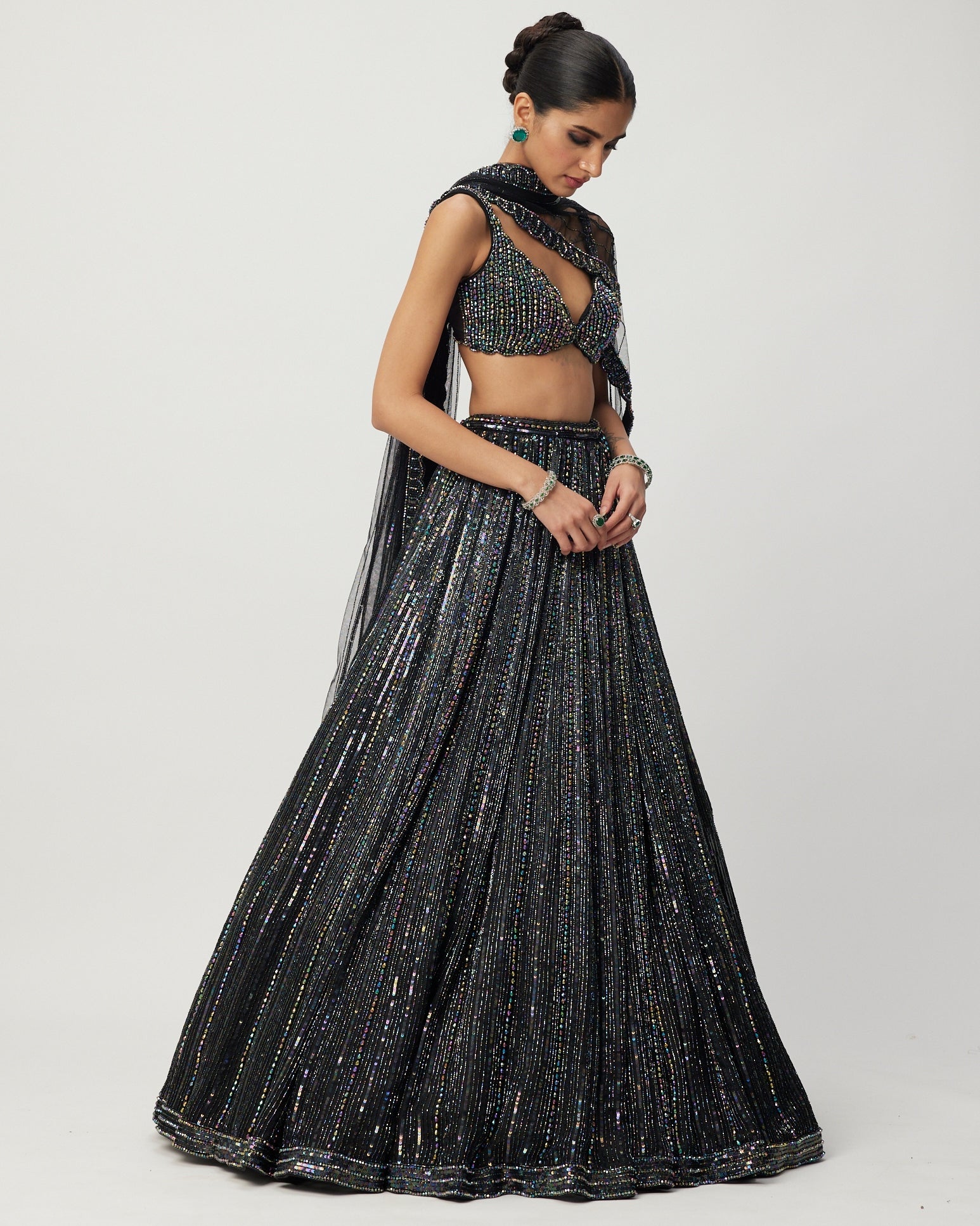 Black Crystal Linear Embroidered Lehenga Set