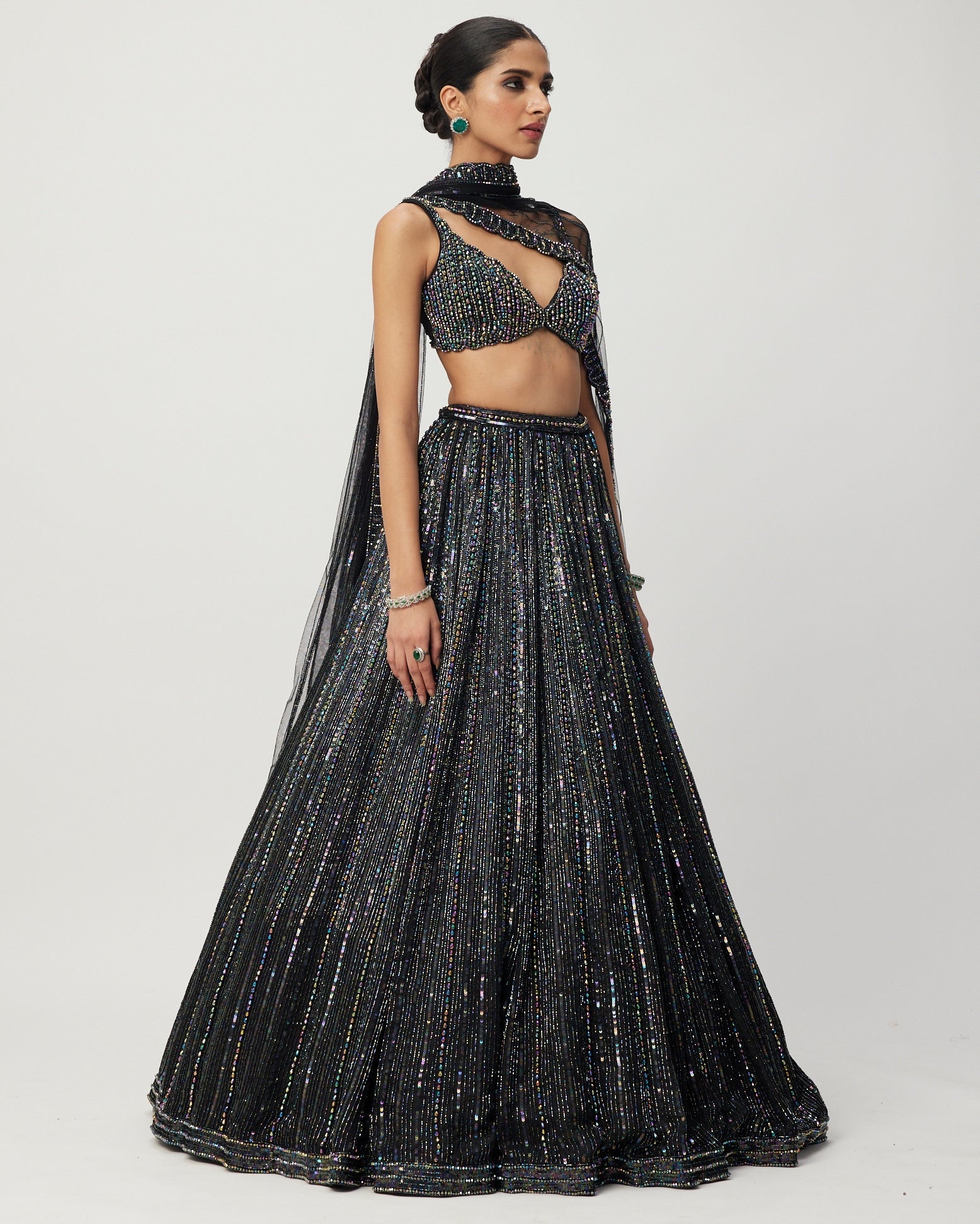 Black Crystal Linear Embroidered Lehenga Set