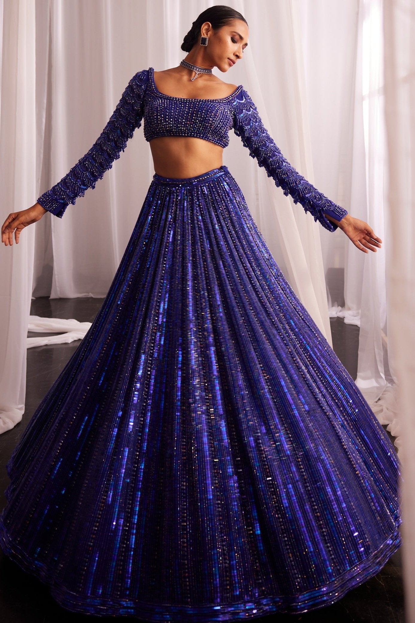 Cocktail Blue Crystal Linear Embroidered Lehenga Set