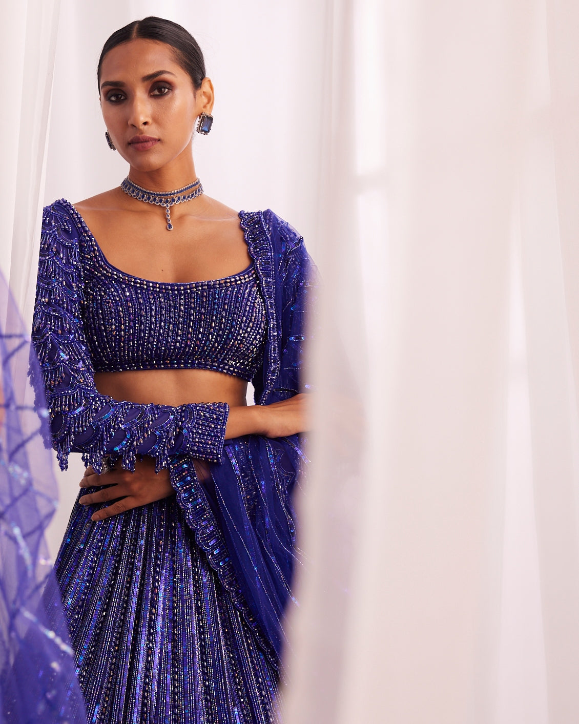 Cocktail Blue Crystal Linear Embroidered Lehenga Set