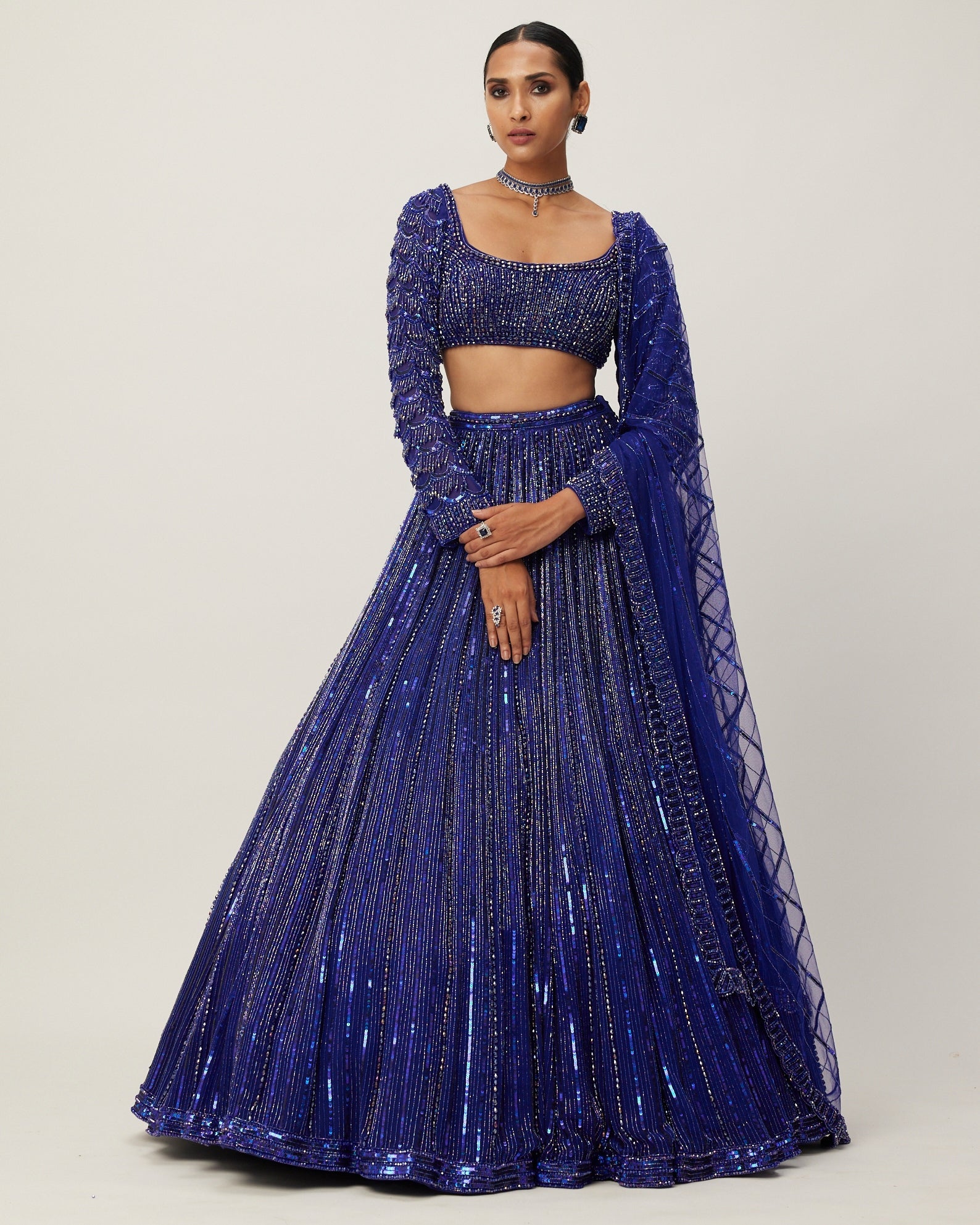 Cocktail Blue Crystal Linear Embroidered Lehenga Set
