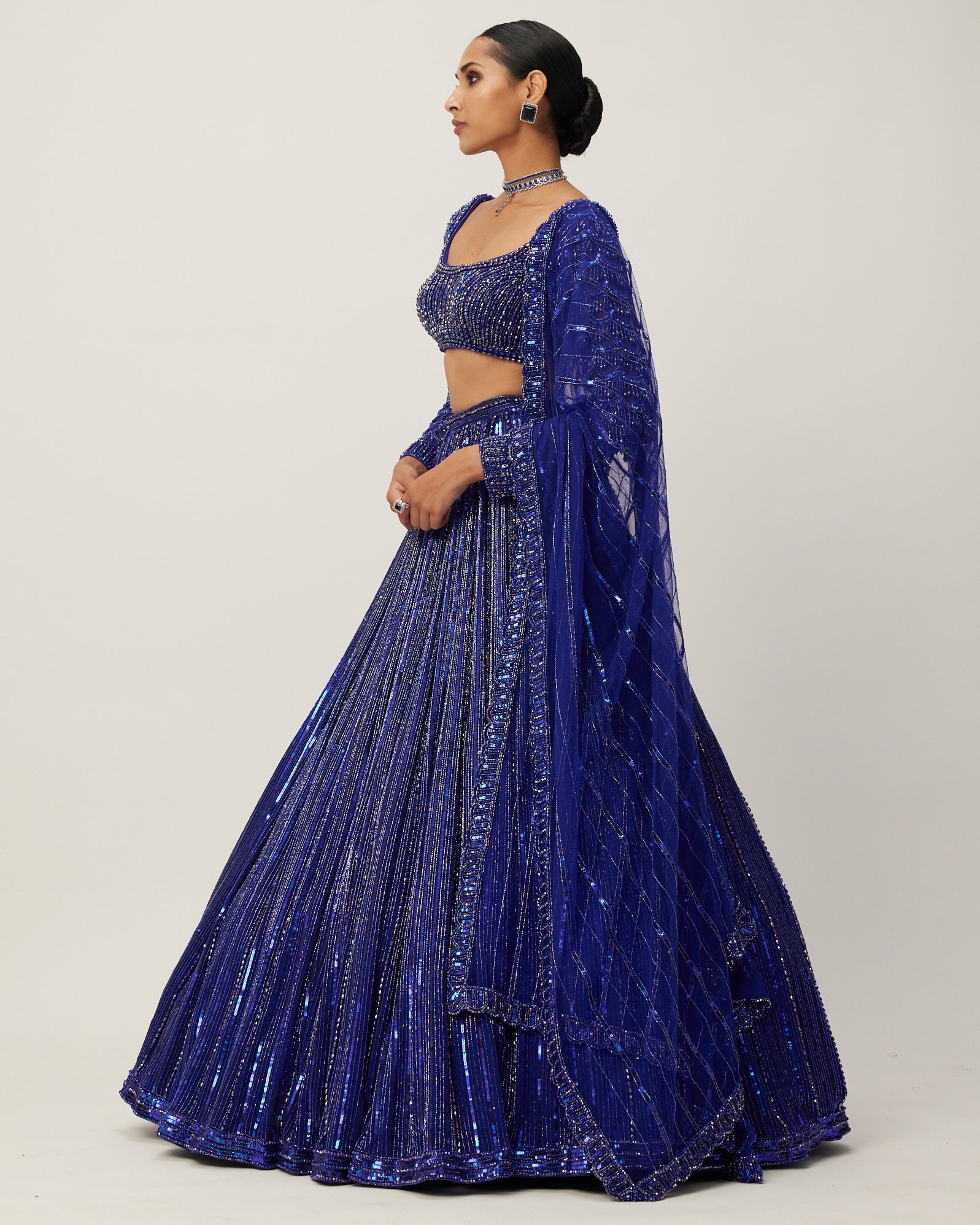 Cocktail Blue Crystal Linear Embroidered Lehenga Set