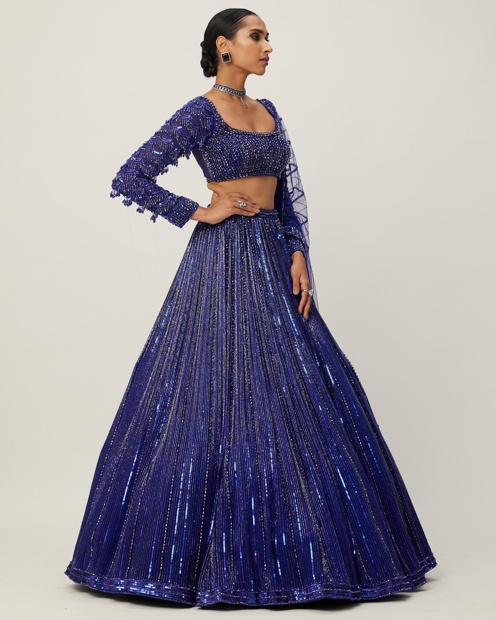 Cocktail Blue Crystal Linear Embroidered Lehenga Set