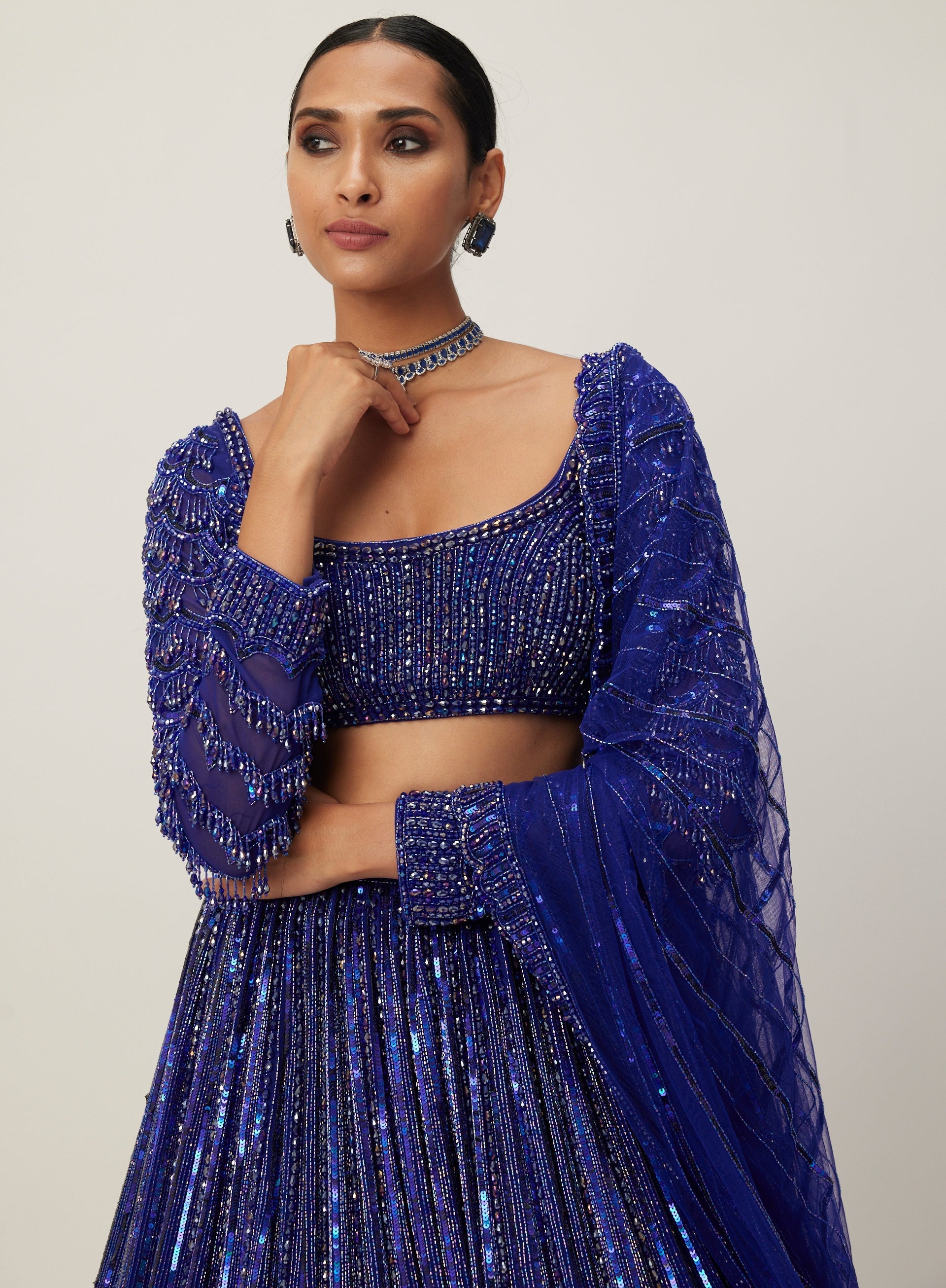 Cocktail Blue Crystal Linear Embroidered Lehenga Set