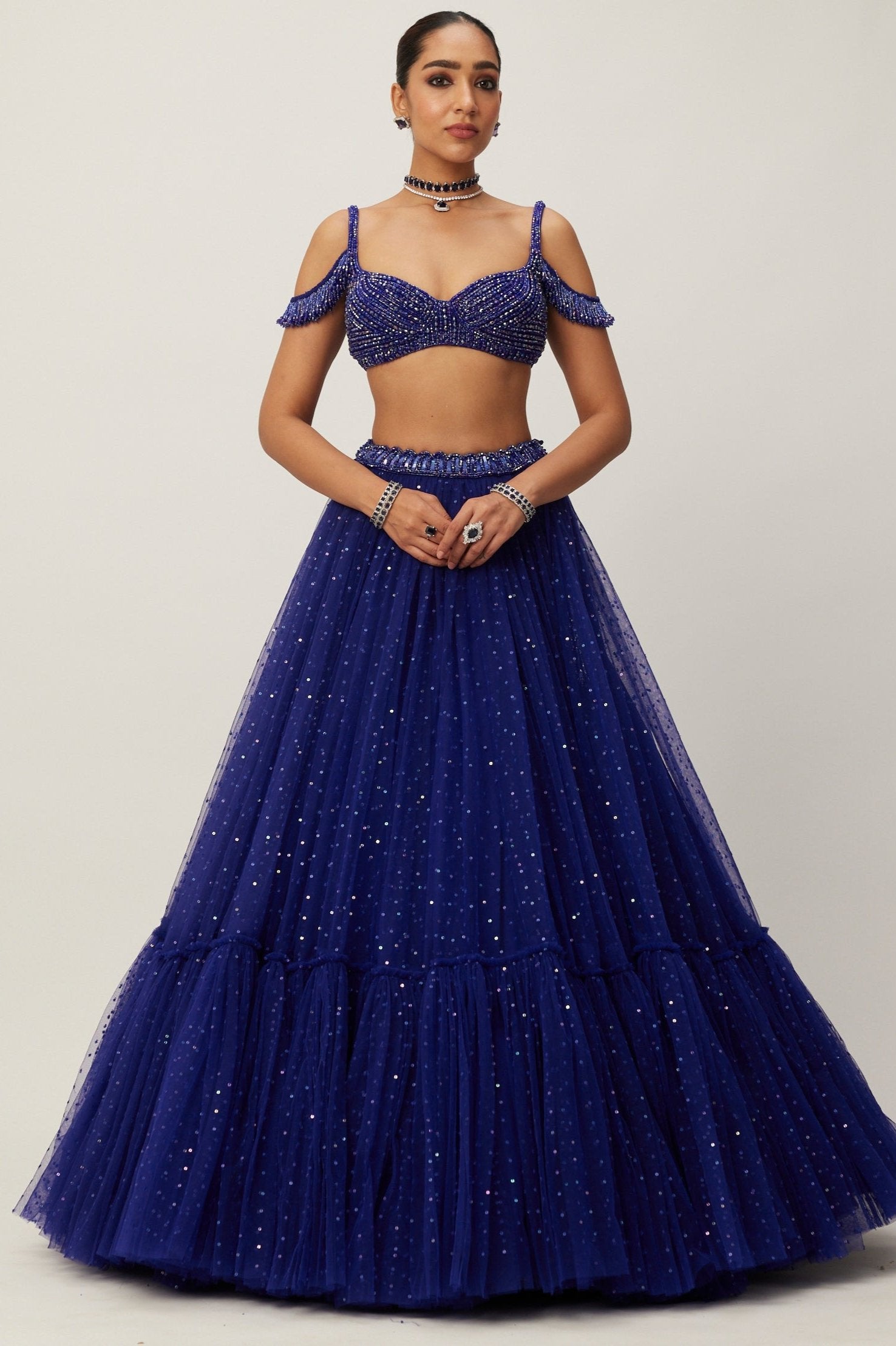 Cocktail Blue Sequins Scattered Tulle Lehenga Set