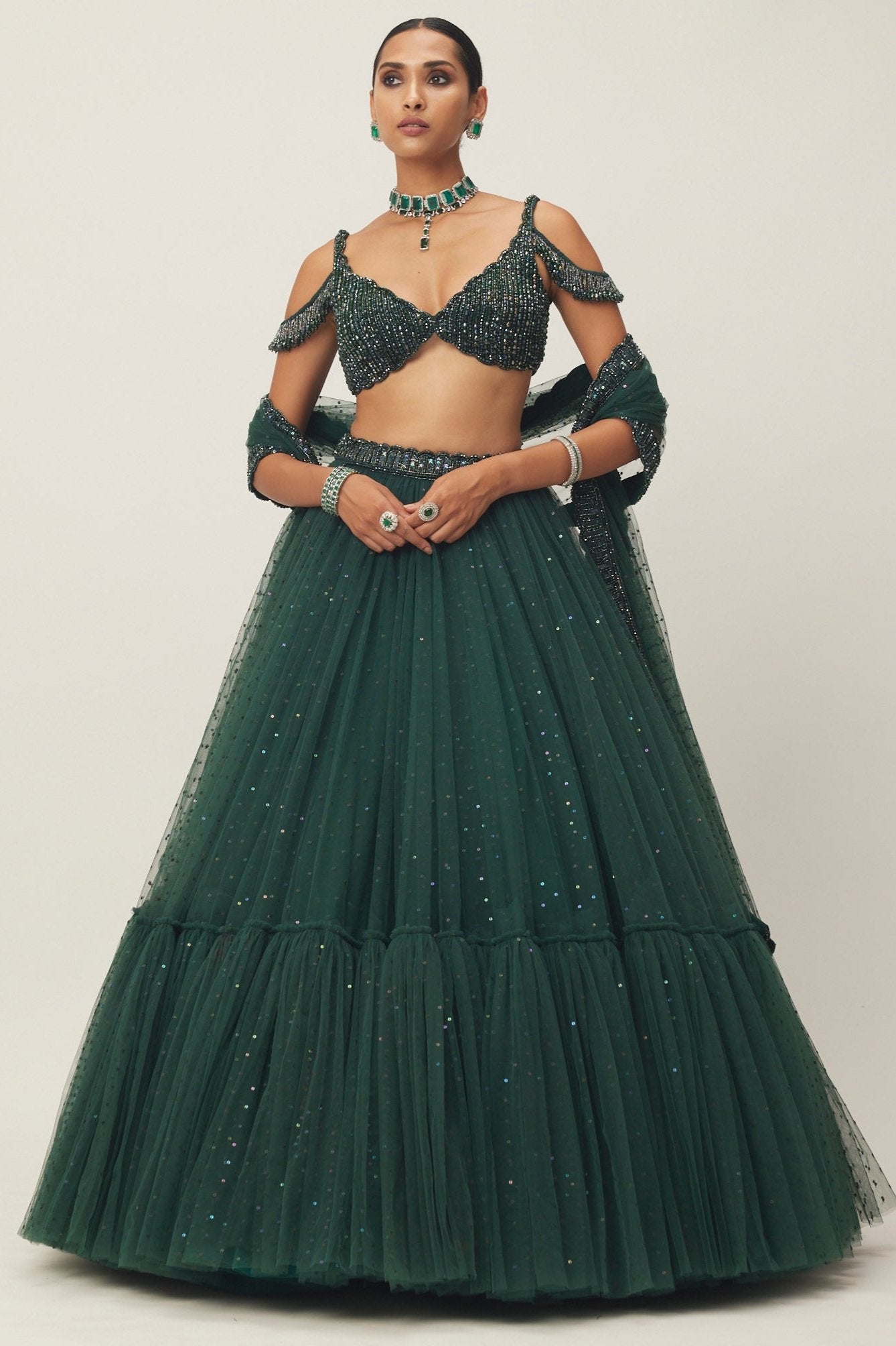 Dark Jade Green Sequins Scattered Tulle Lehenga Set
