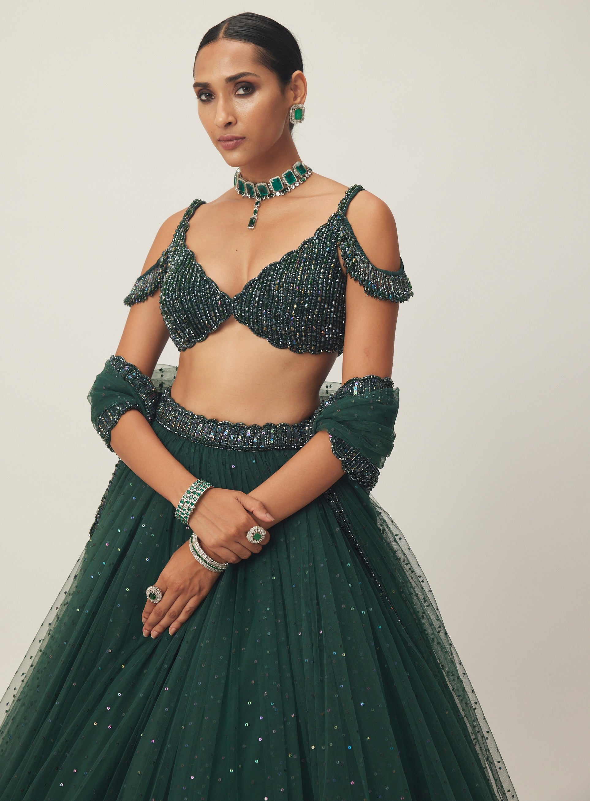 Dark Jade Green Sequins Scattered Tulle Lehenga Set