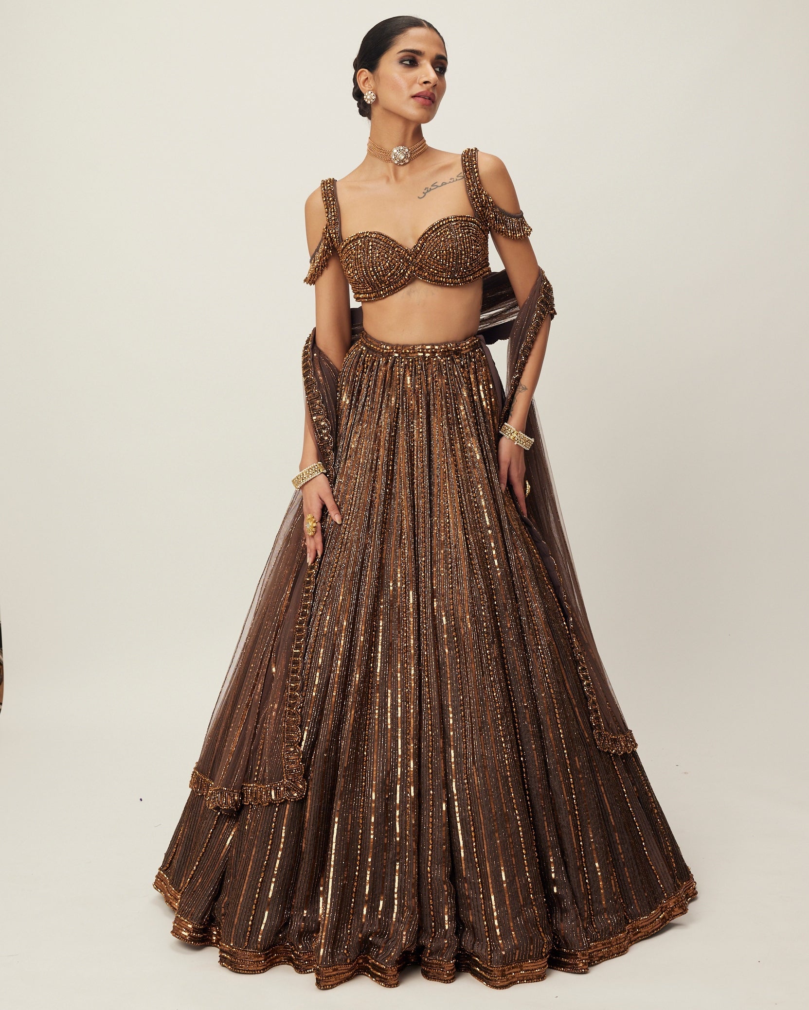 Copper Crystal Linear Embroidered Lehenga Set
