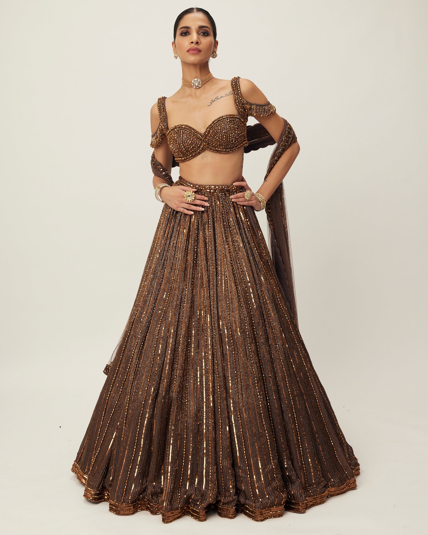Copper Crystal Linear Embroidered Lehenga Set