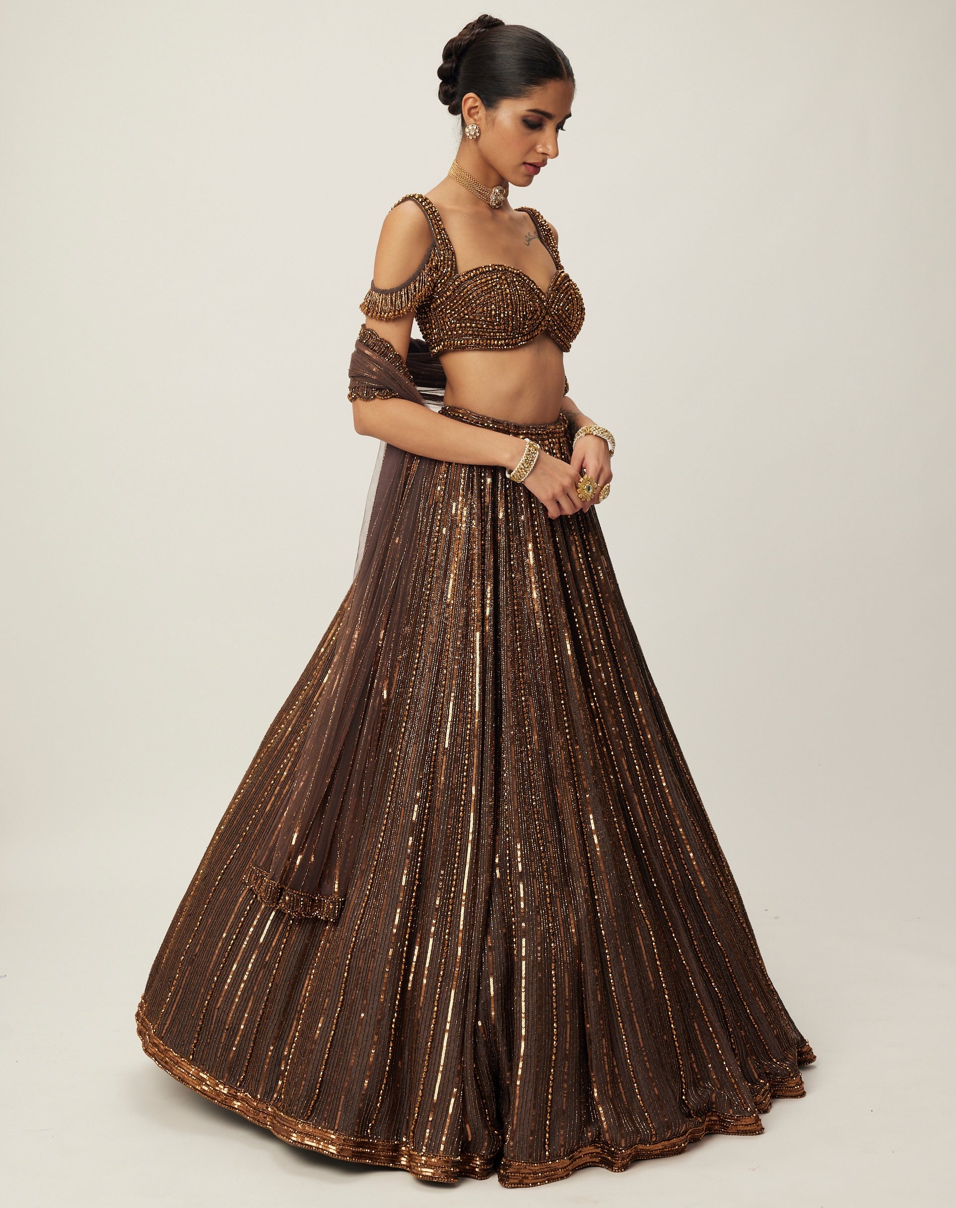 Copper Crystal Linear Embroidered Lehenga Set